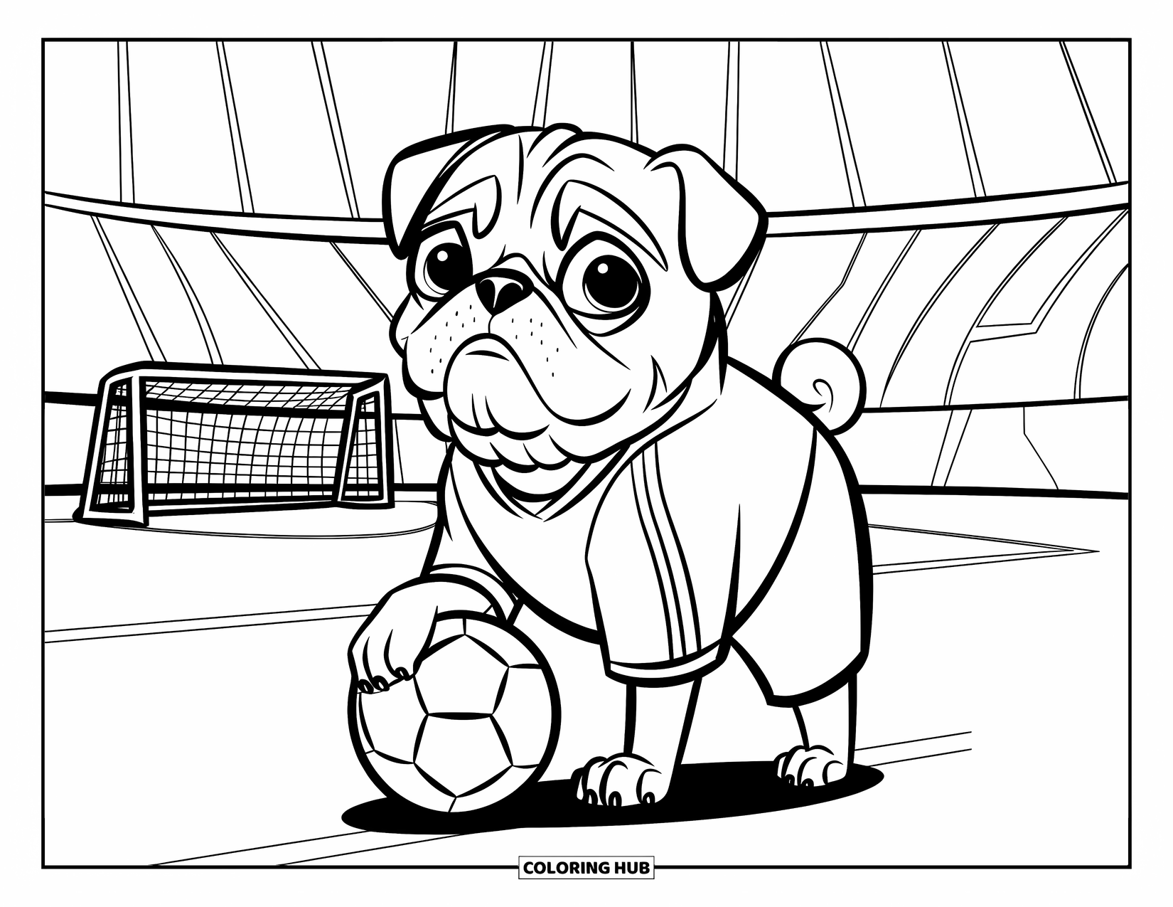 Desenho de Pug para Colorir para Crianças: Um pug em equipamento esportivo está em um campo de futebol com gols e um estádio ao fundo