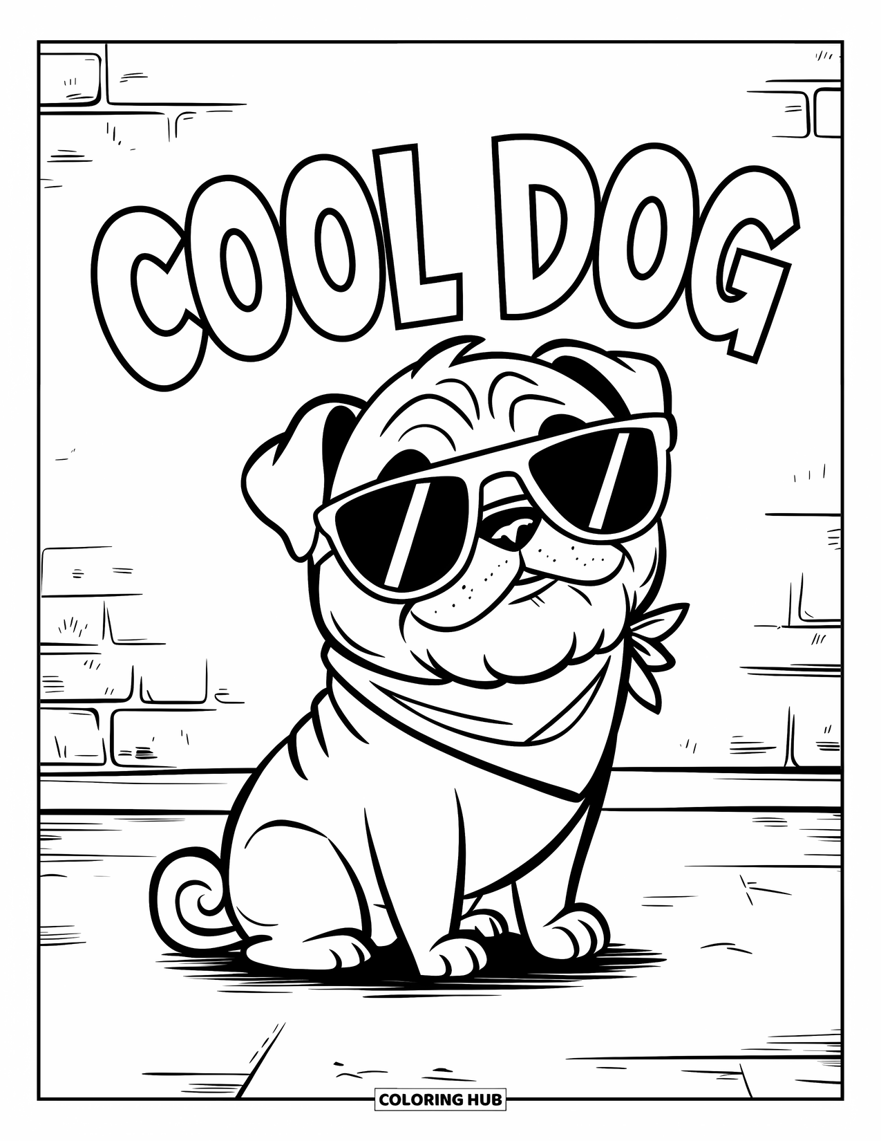 Desenho de Pug para Colorir para Crianças: Um pug com óculos de sol e uma bandana está sentado sob as palavras "Cachorro Legal"