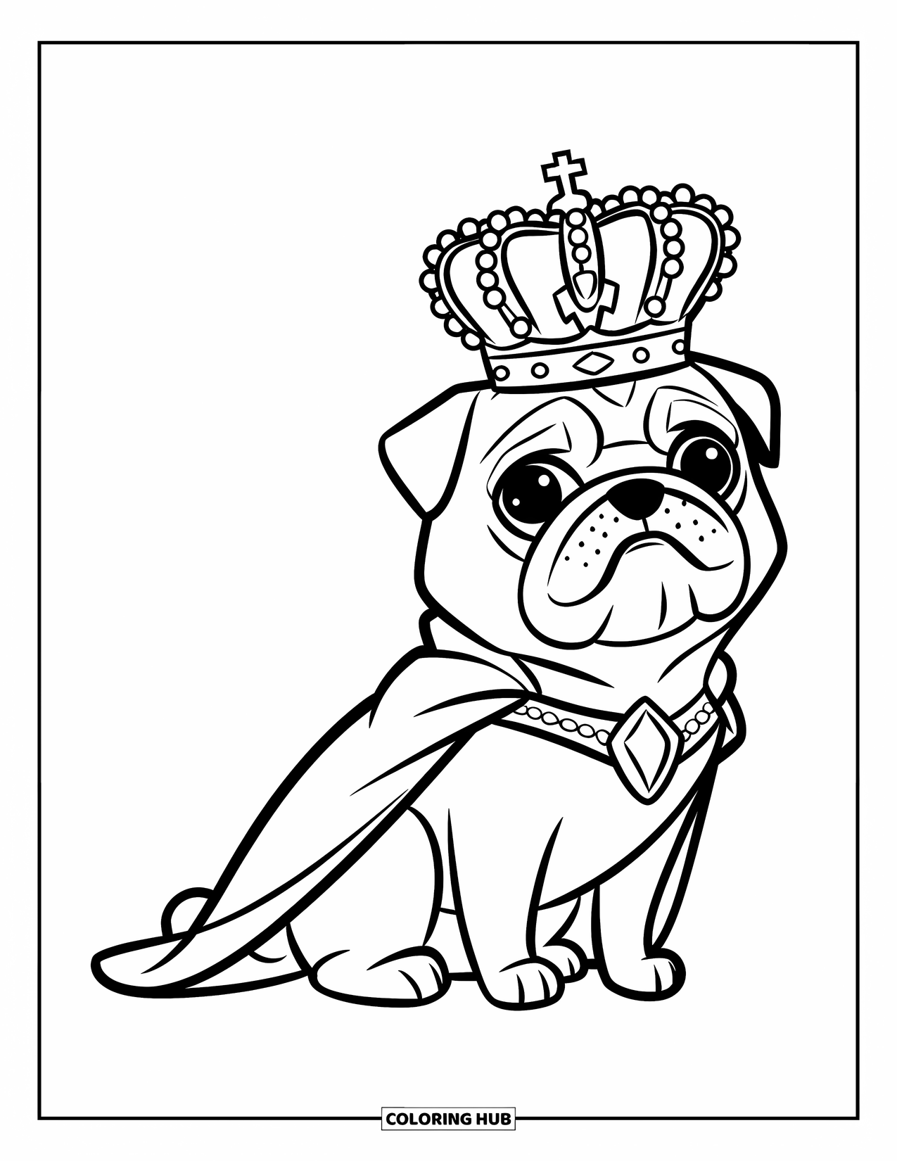 Desenho de Pug para Colorir para Crianças: Um pug majestoso está sentado orgulhosamente com uma coroa real e uma pequena capa sobre suas costas