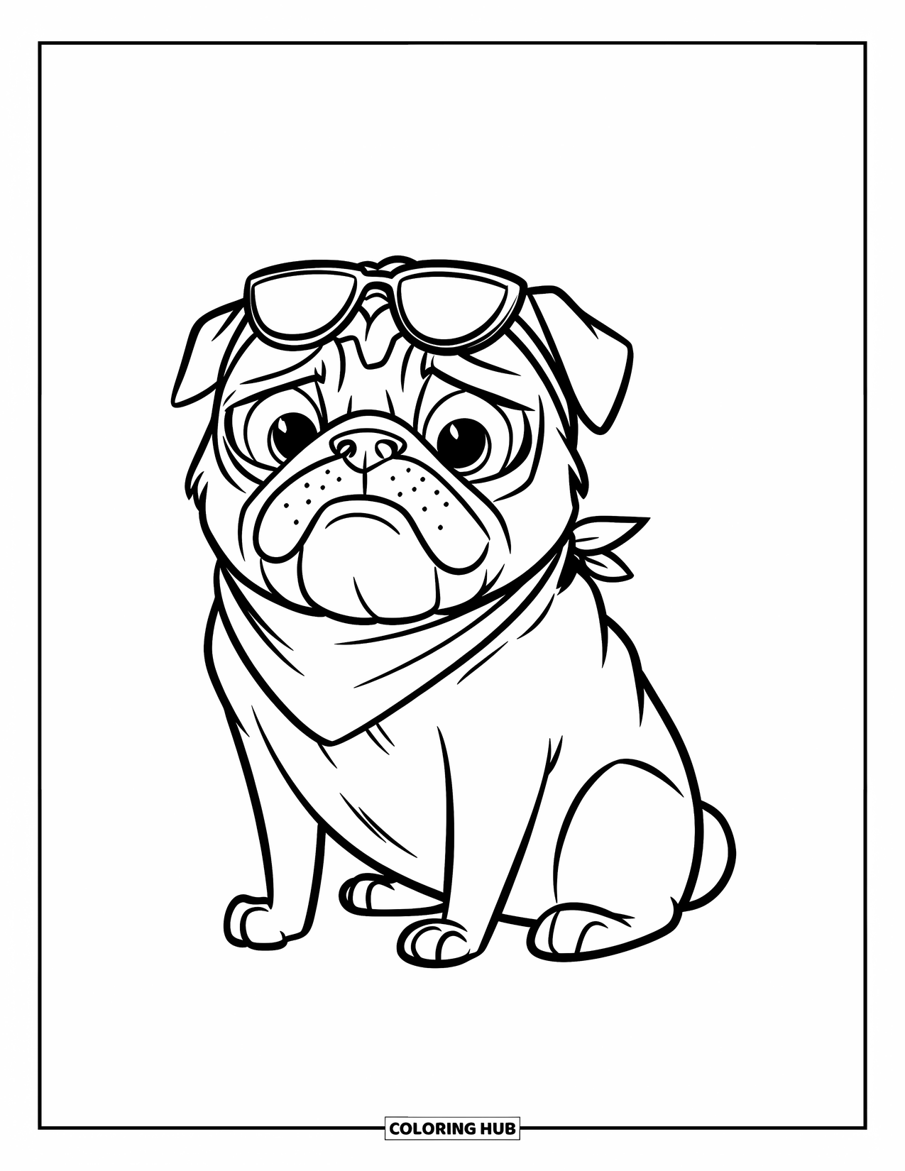 Desenho de Pug para Colorir para Crianças: Um pug relaxado de óculos de sol e bandana relaxa com uma expressão tranquila