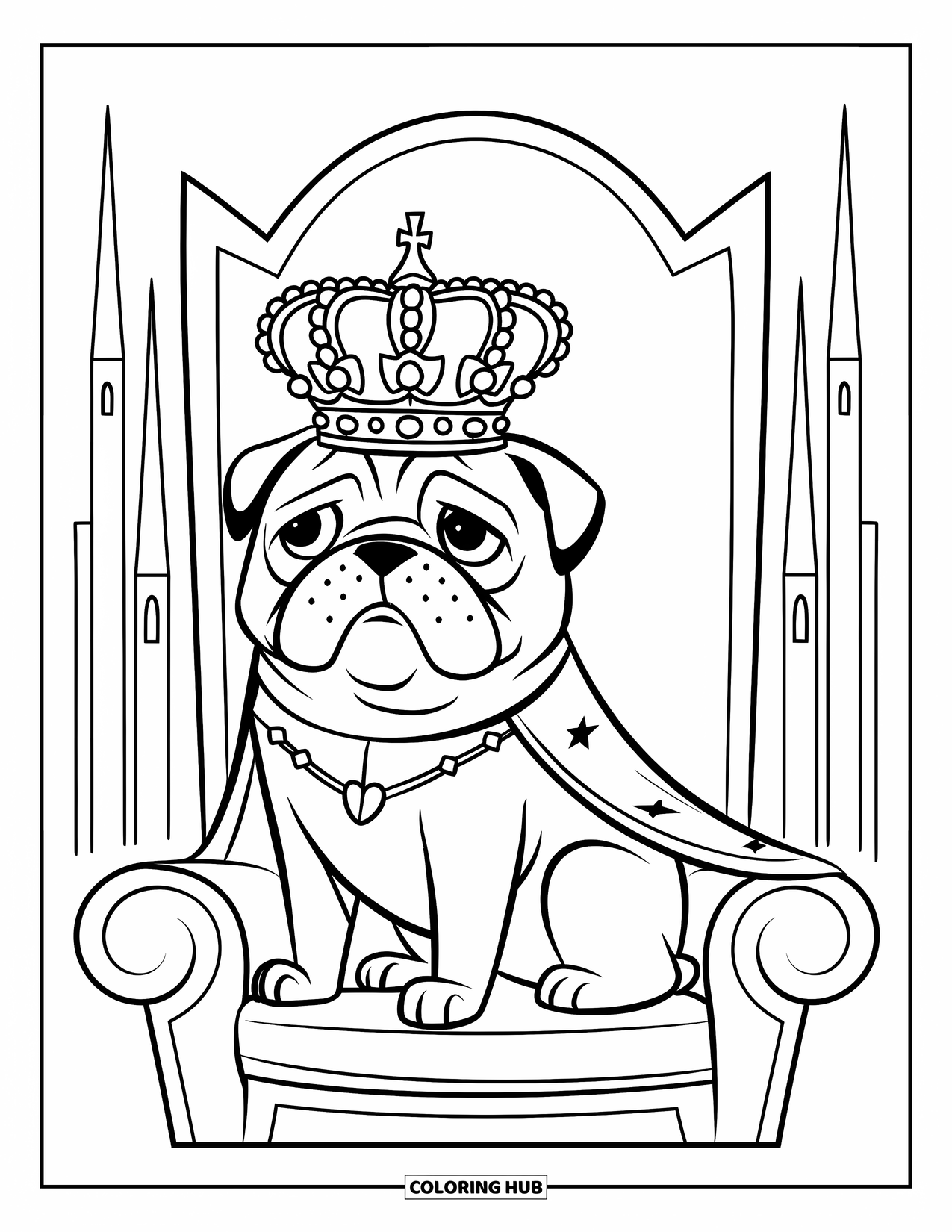 Desenho de Pug para Colorir para Crianças: Um pug real está sentado em um trono em um grande castelo com torres altas