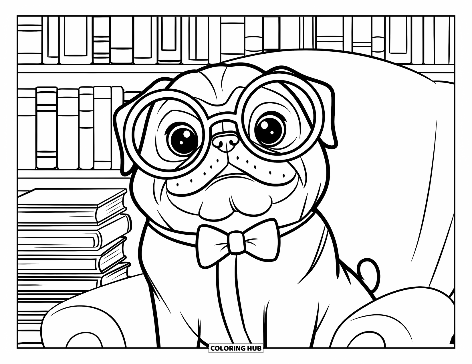 Desenho de Pug para Colorir para Crianças: Um pug erudito usando óculos grandes e uma gravata borboleta está sentado em uma cadeira com livros atrás