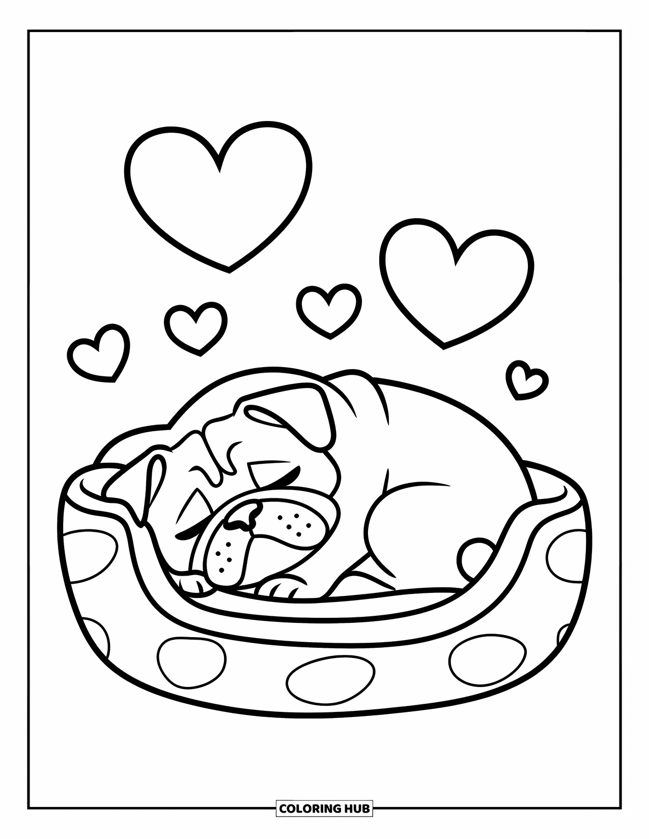 Desenho de Pug para Colorir para Crianças: Um pug sonolento se enrola dentro de uma cama de cachorro aconchegante, cercado por corações flutuantes