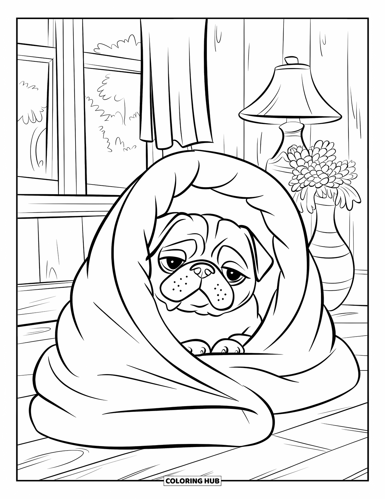 Desenho de Pug para Colorir para Crianças: Um pug sonolento enrolado em um cobertor relaxa em um quarto aconchegante com uma janela e uma lâmpada