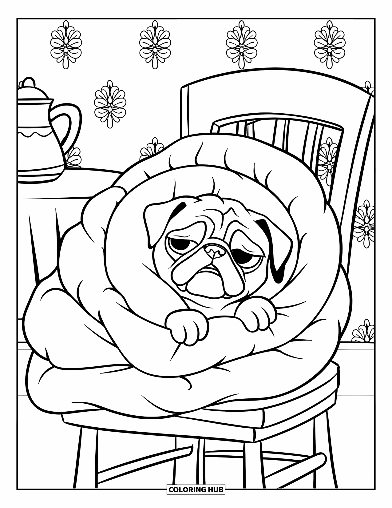 Desenho de Pug para Colorir para Crianças: Um pug aconchegado em um cobertor está sentado em uma cadeira ao lado de um bule de chá e papel de parede floral