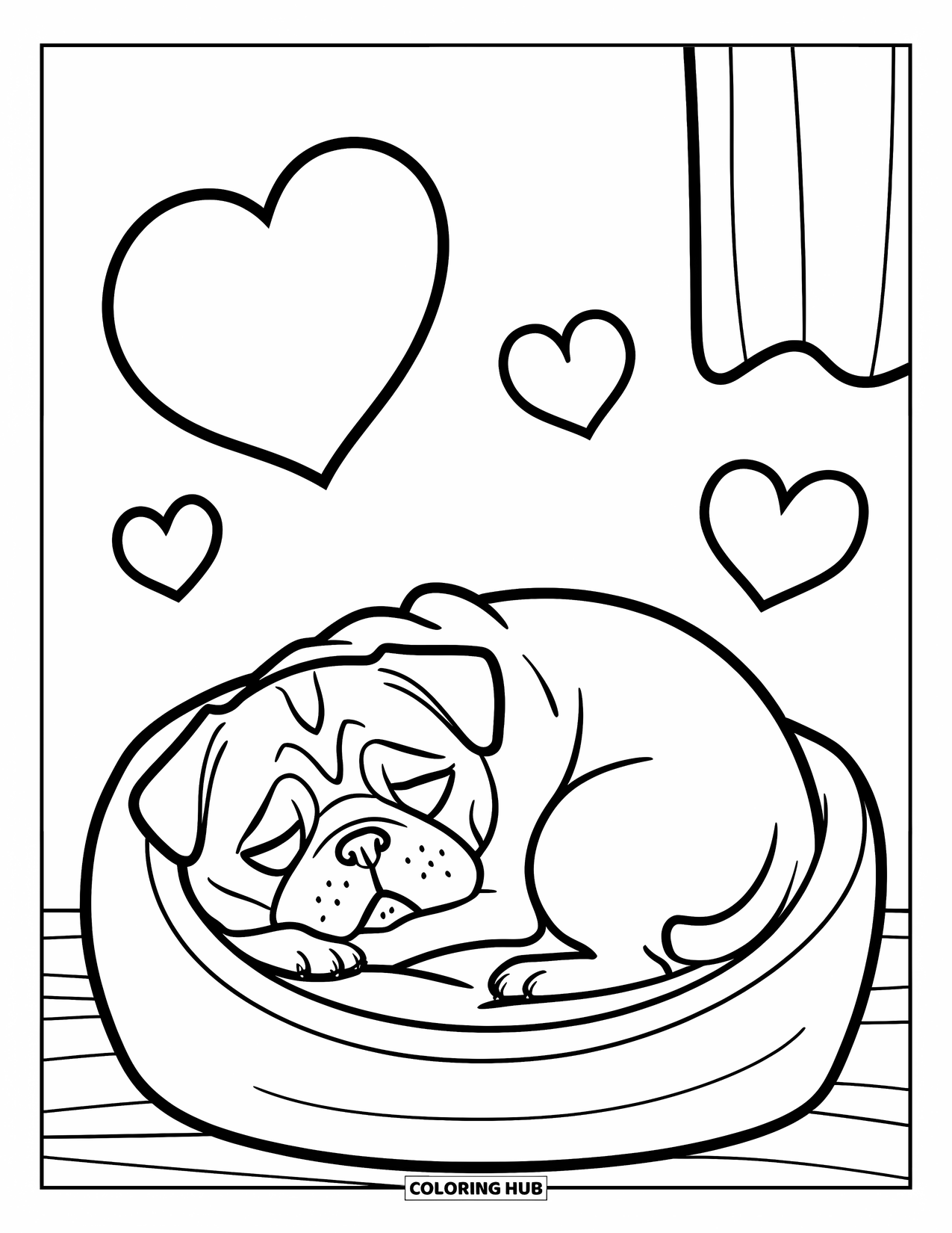 Desenho de Pug para Colorir para Crianças: Um pug aconchegado tira uma soneca em uma cama de cachorro macia, cercado por corações flutuantes