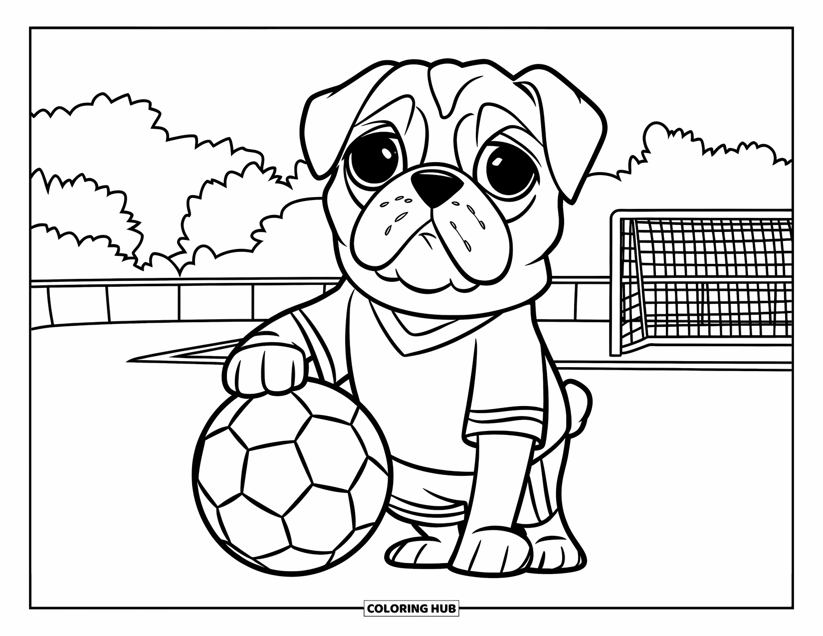 Desenho de Pug para Colorir para Crianças: Um pug esportivo em um uniforme de futebol apoia a pata em uma bola no campo