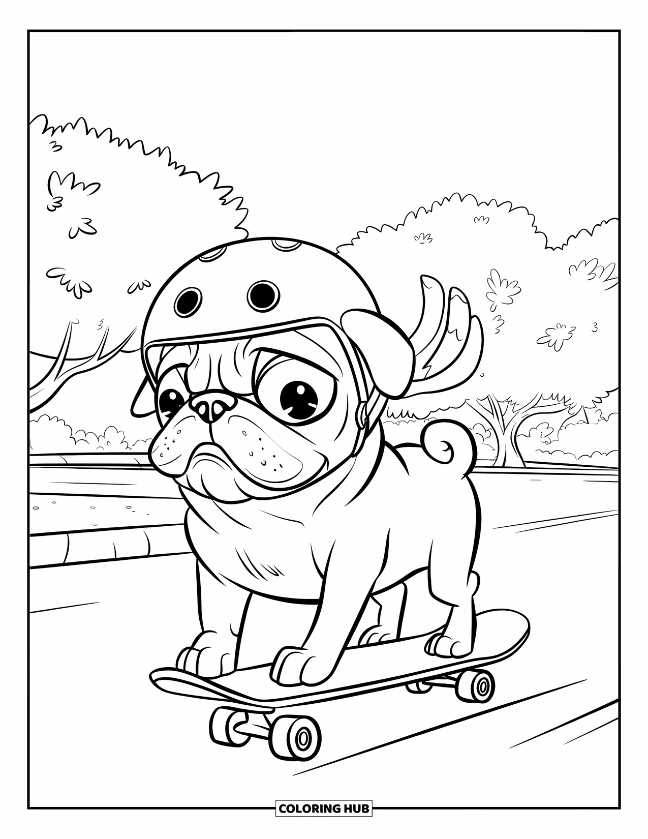 Desenho de Pug para Colorir para Crianças: Um pug esportivo em um skate passa zunindo por um parque, com as orelhas balançando na brisa