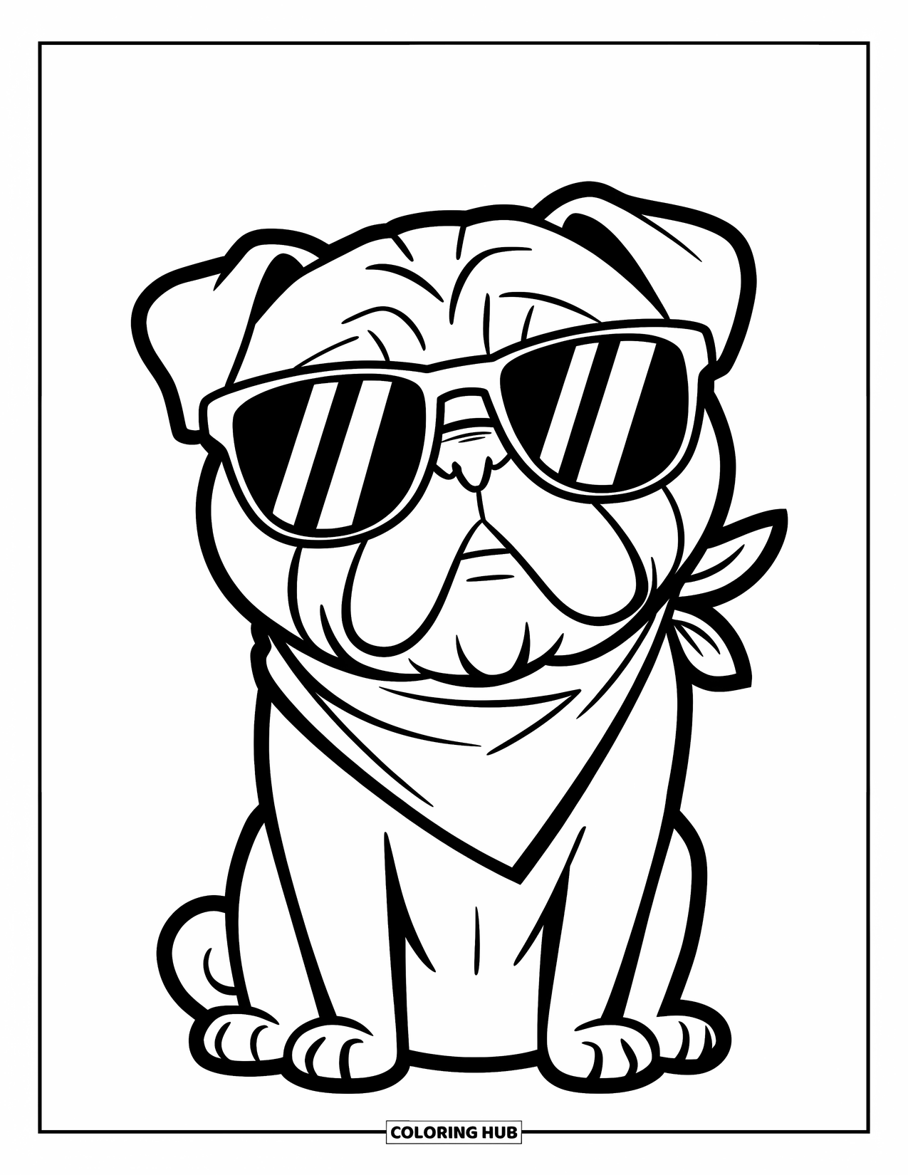 Desenho de Pug para Colorir para Crianças: Um pug estiloso está sentado com confiança, usando óculos de sol e uma bandana