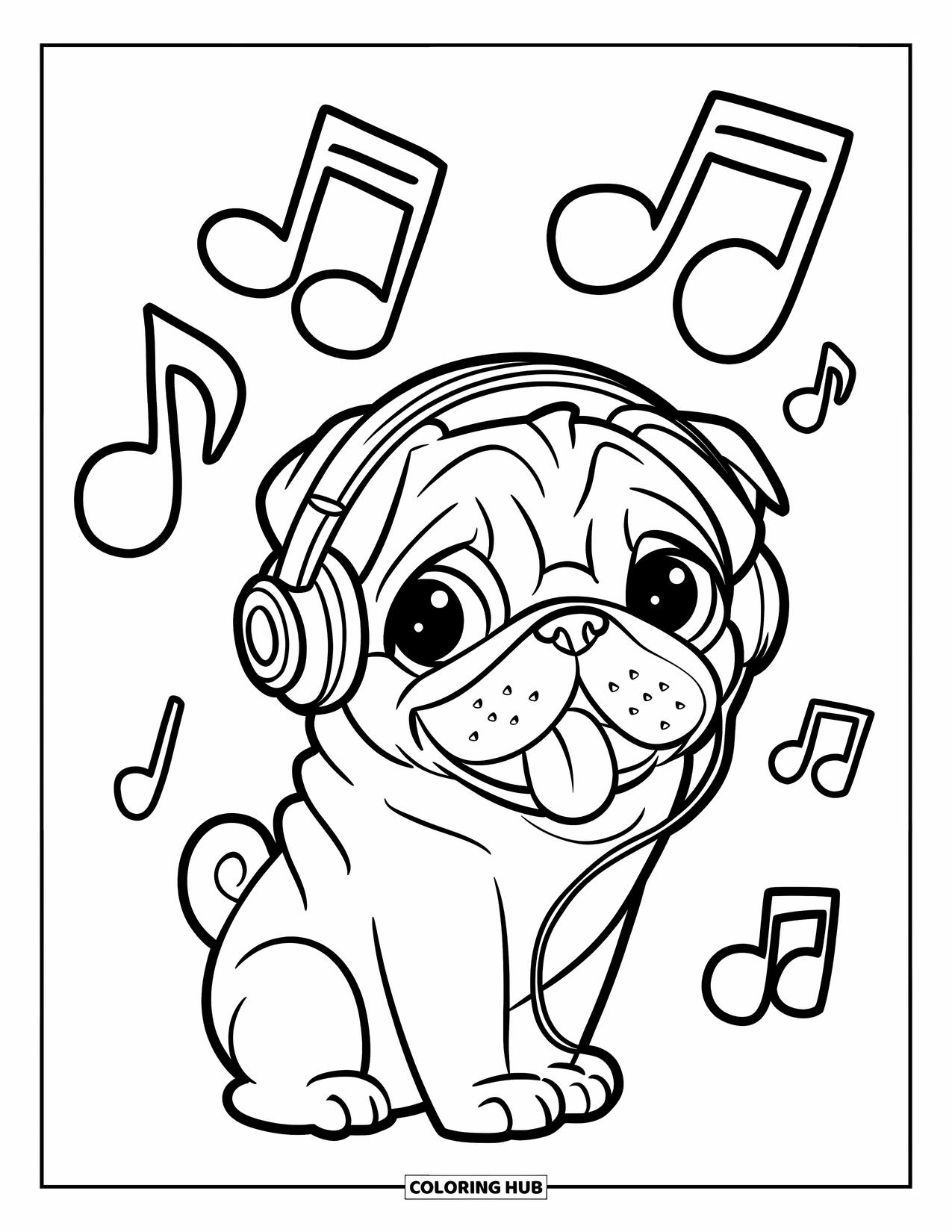 Desenho de Pug para Colorir para Crianças: Um pug moderno balança a cabeça ao som da música enquanto usa fones de ouvido, cercado por notas musicais