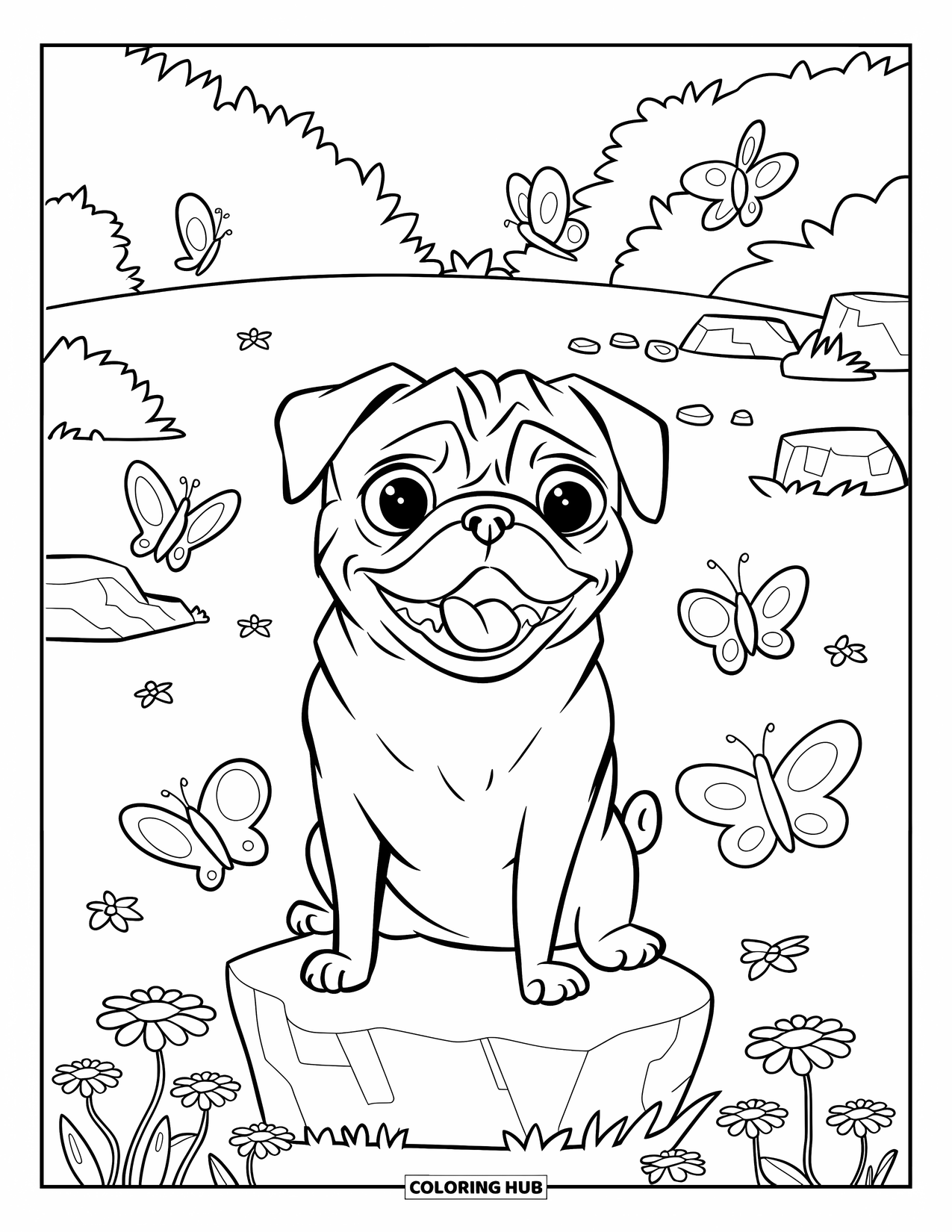 Desenho de Pug para Colorir para Crianças: Um pug de olhos arregalados está sentado em uma rocha em um jardim exuberante, cercado por flores e borboletas