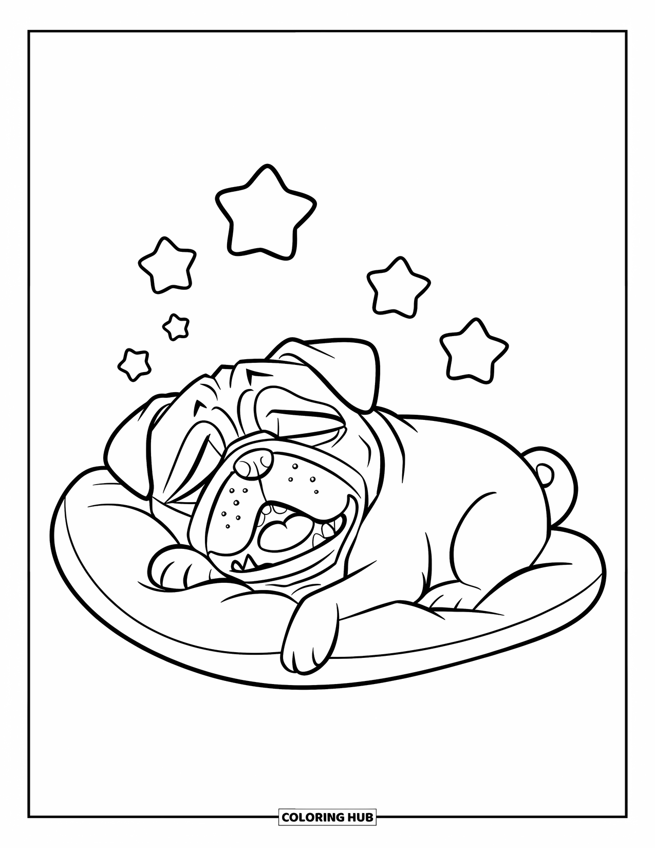 Desenho de Pug para Colorir para Crianças: Um pug bocejando se aconchega em um travesseiro, com algumas estrelas flutuando por perto