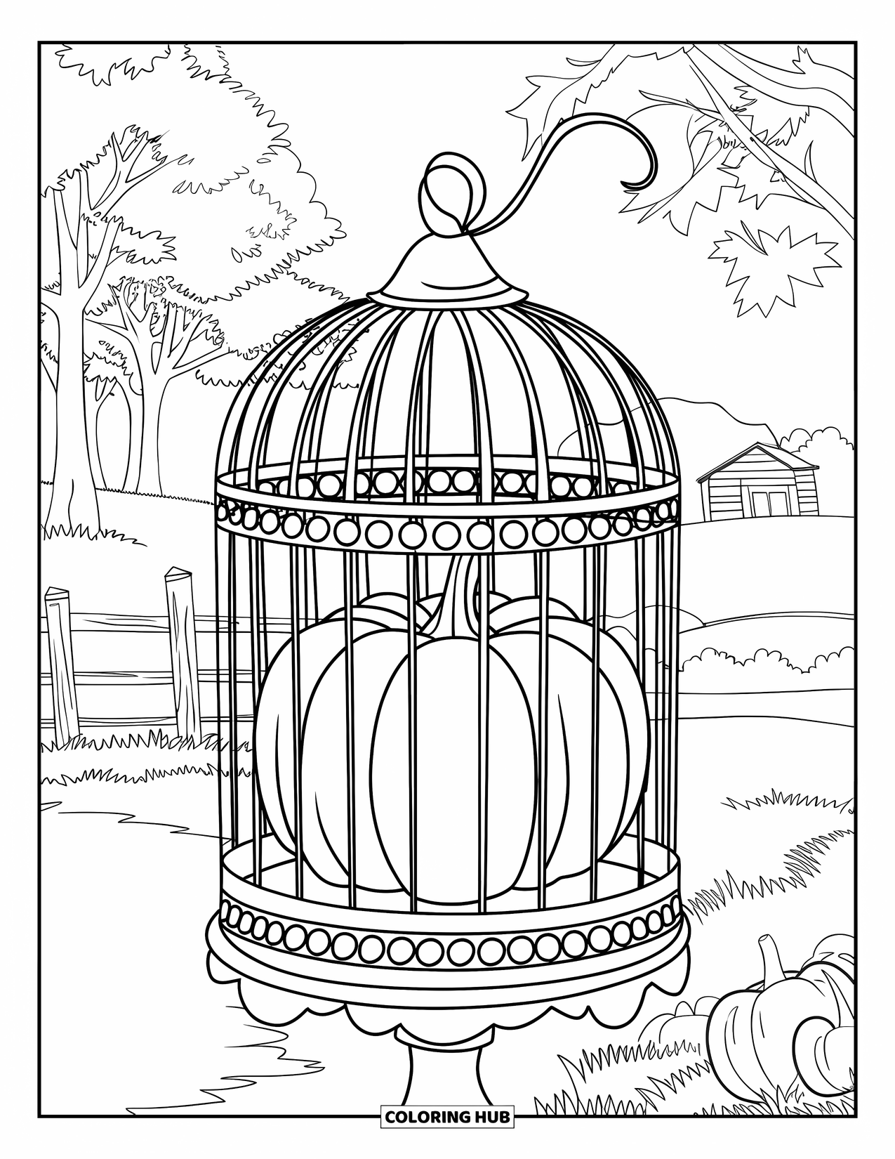 Coloriage de citrouille pour adultes : Une cage à oiseaux avec une citrouille à l’intérieur se dresse dans un paysage d’automne, encadrée par des arbres et une clôture éloignée