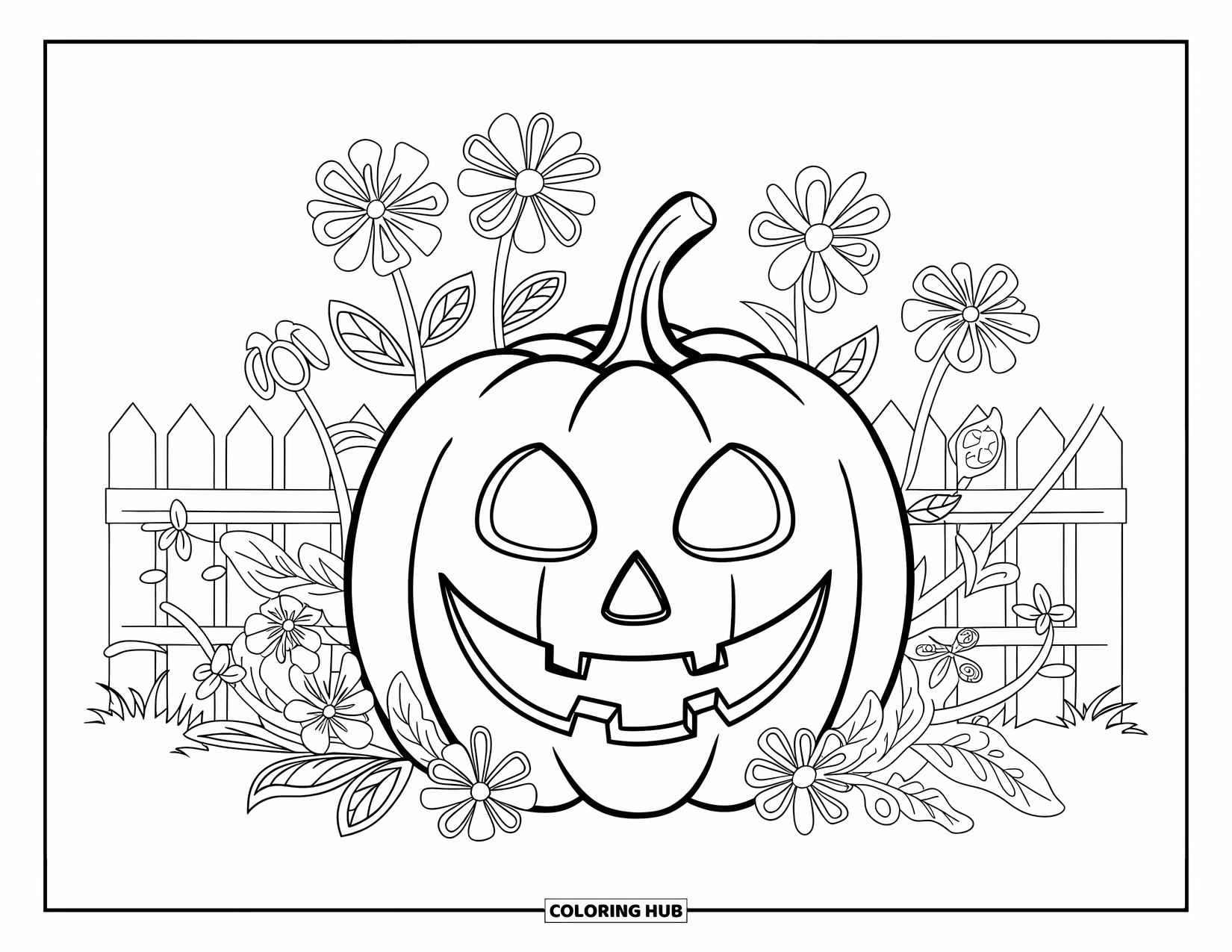 Coloriage de citrouille pour adultes : Une lanterne-citrouille repose parmi des fleurs sauvages, avec une clôture rustique en arrière-plan