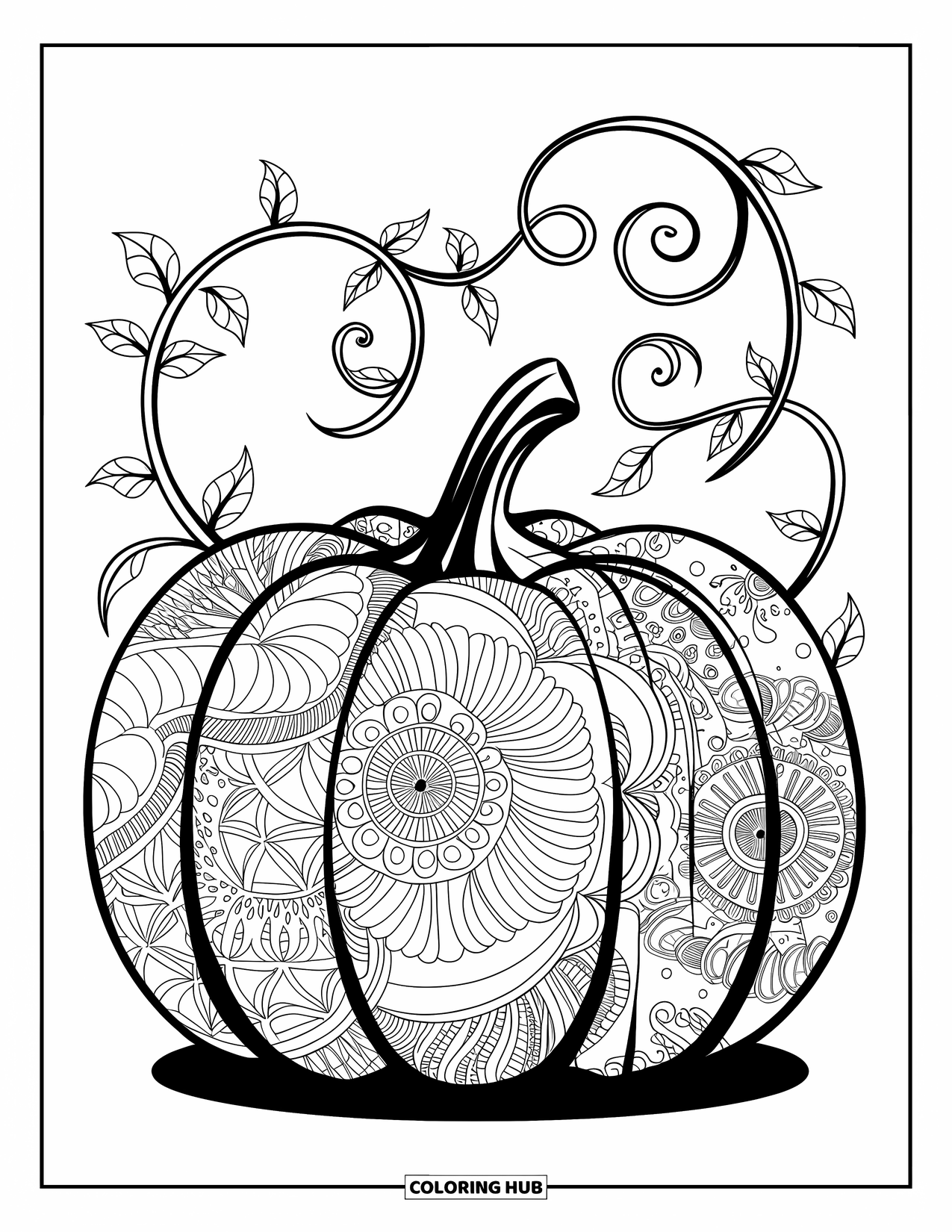 Coloriage de citrouille pour adultes : Une grande citrouille avec des motifs de mandala complexes est encadrée par des vignes bouclées sur un fond texturé