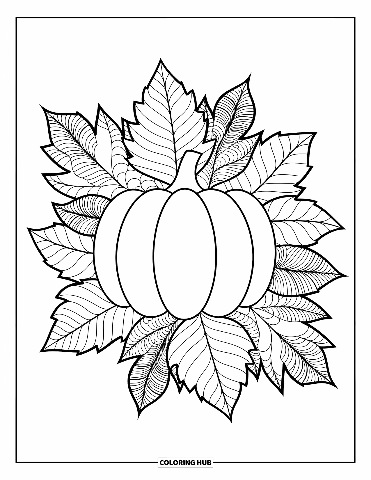 Coloriage de citrouille pour adultes : Une citrouille est encadrée par des feuilles d’automne détaillées avec des motifs complexes