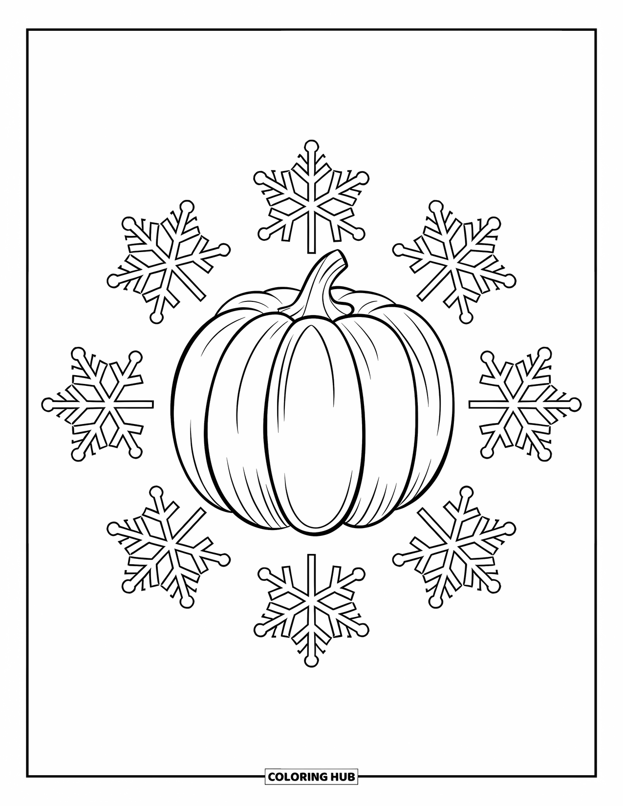 Coloriage de citrouille pour adultes : Une citrouille est entourée de délicats flocons de neige, chacun avec des détails symétriques et complexes