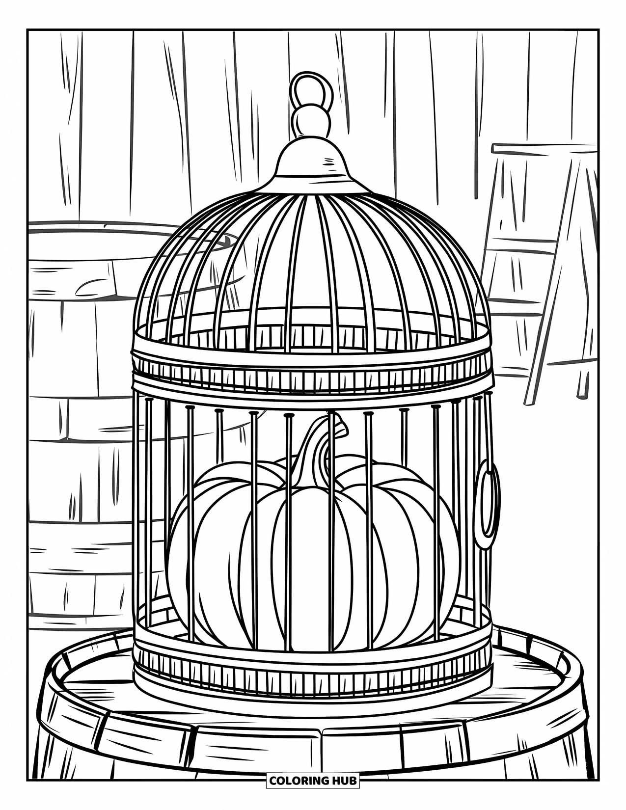 Coloriage de citrouille pour adultes : Une citrouille repose à l’intérieur d’une cage à oiseaux décorative, placée sur un tonneau en bois dans une scène rustique