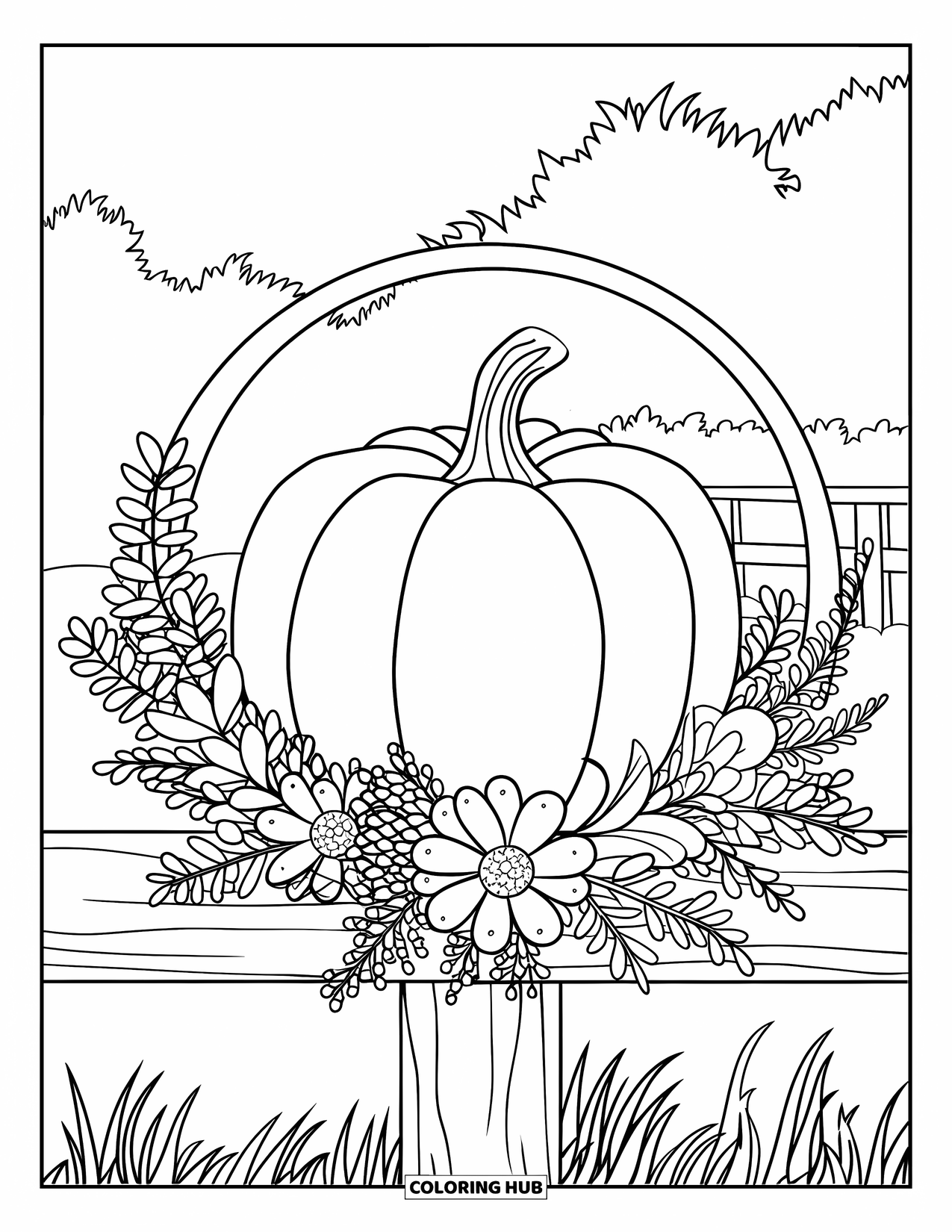 Coloriage de citrouille pour adultes : Une citrouille repose sur une couronne circulaire de fleurs d’automne et de fougères près d’une clôture en bois