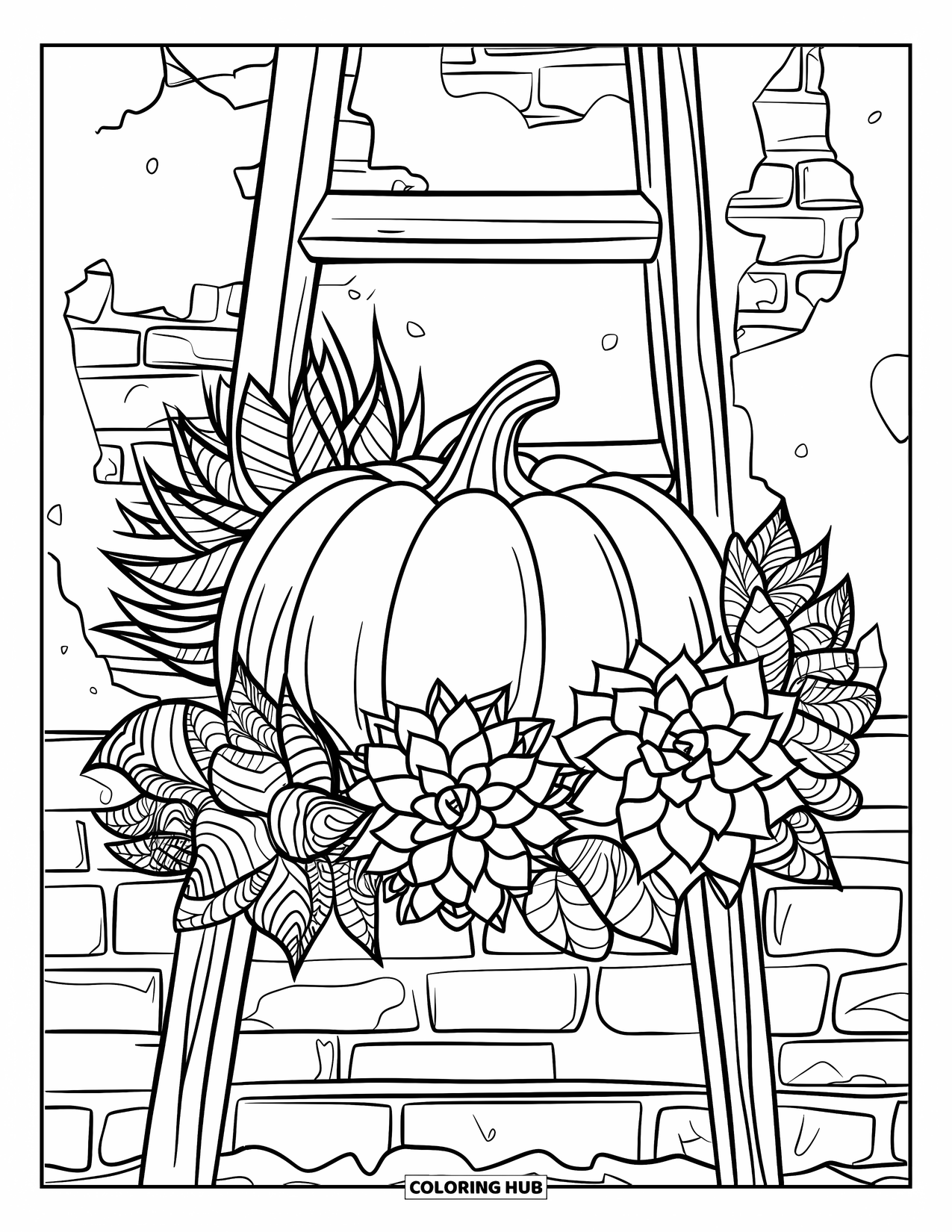 Coloriage de citrouille pour adultes : Une citrouille repose sur une échelle en bois, entourée de plantes succulentes détaillées sur un mur de briques patiné