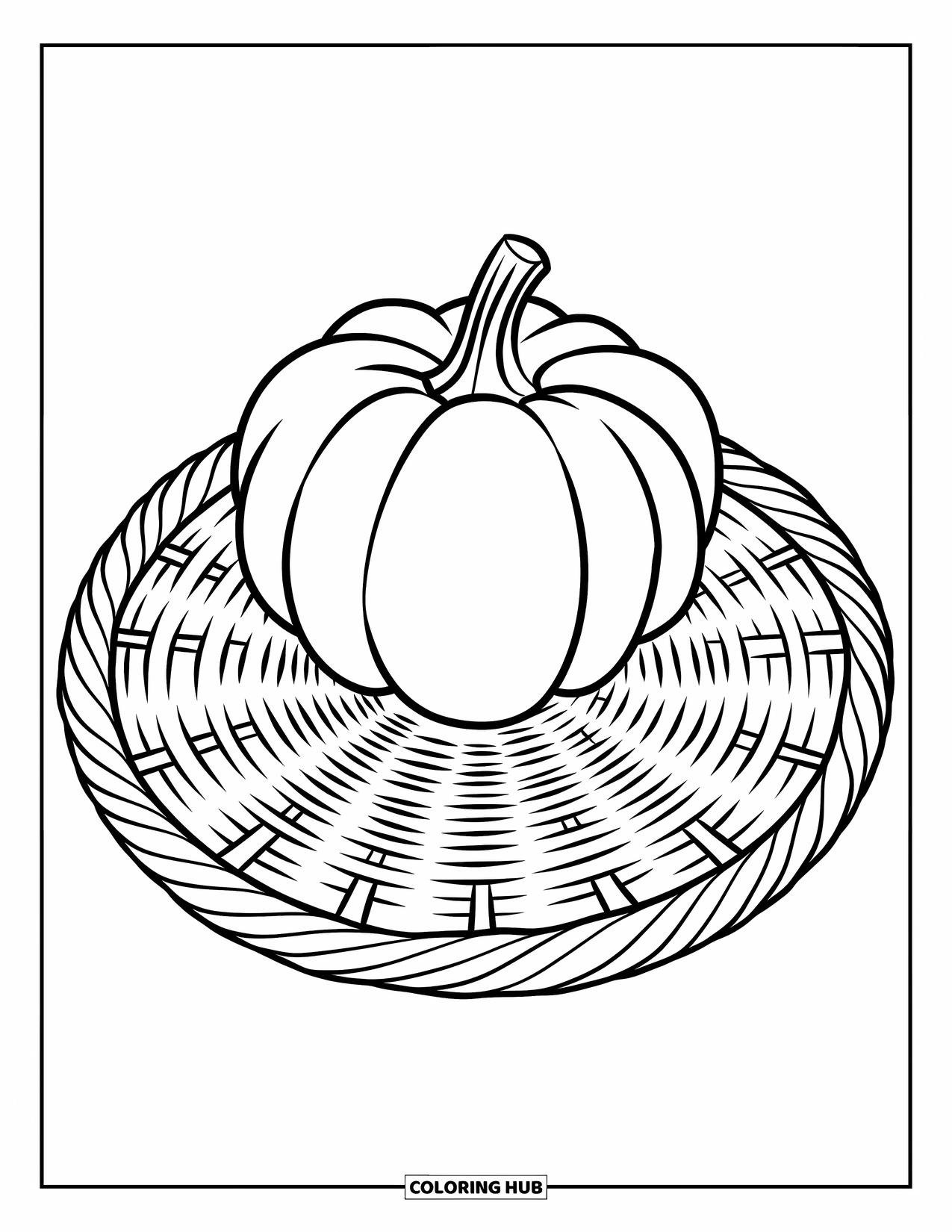 Coloriage de citrouille pour adultes : Une citrouille repose sur un panier tressé, son motif circulaire s’étendant vers l’extérieur dans un design détaillé