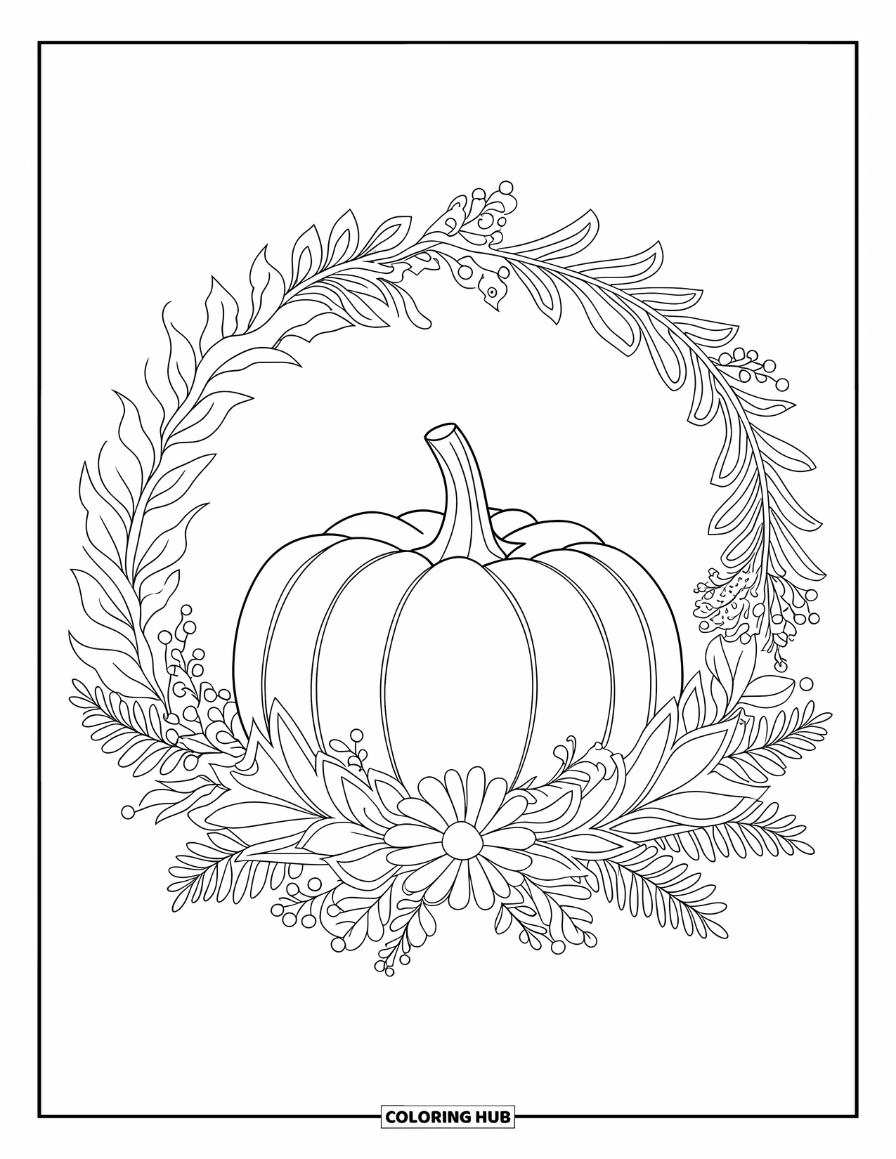 Coloriage de citrouille pour adultes : Une citrouille repose sur une couronne de fleurs d’automne et de fougères avec des motifs complexes