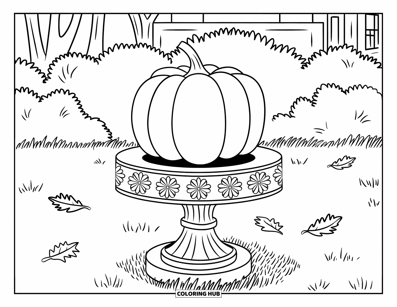 Coloriage de citrouille pour adultes : Une citrouille repose sur un piédestal orné de sculptures florales, entourée de feuilles et d’arbres éparpillés