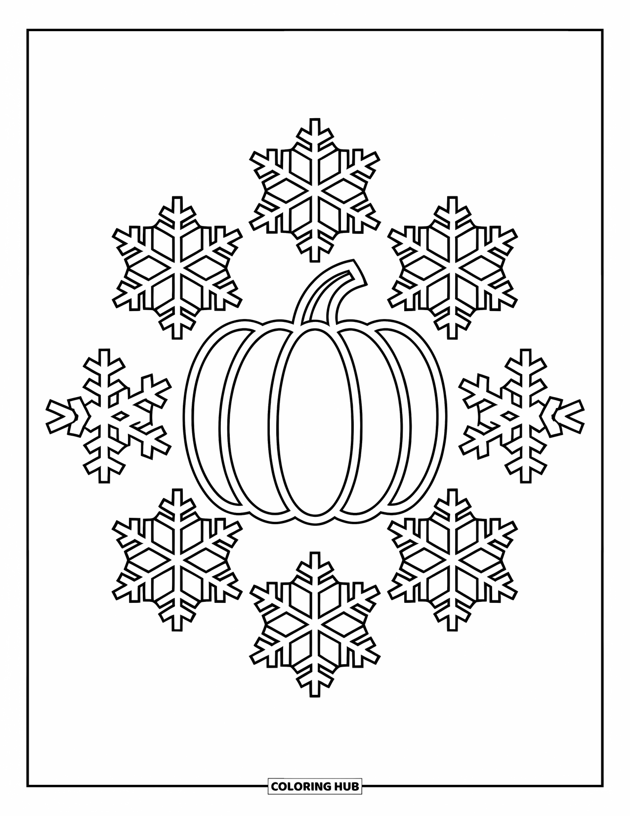 Coloriage de citrouille pour adultes : Une citrouille est posée parmi des flocons de neige, leurs motifs délicats créant un design serein et hivernal