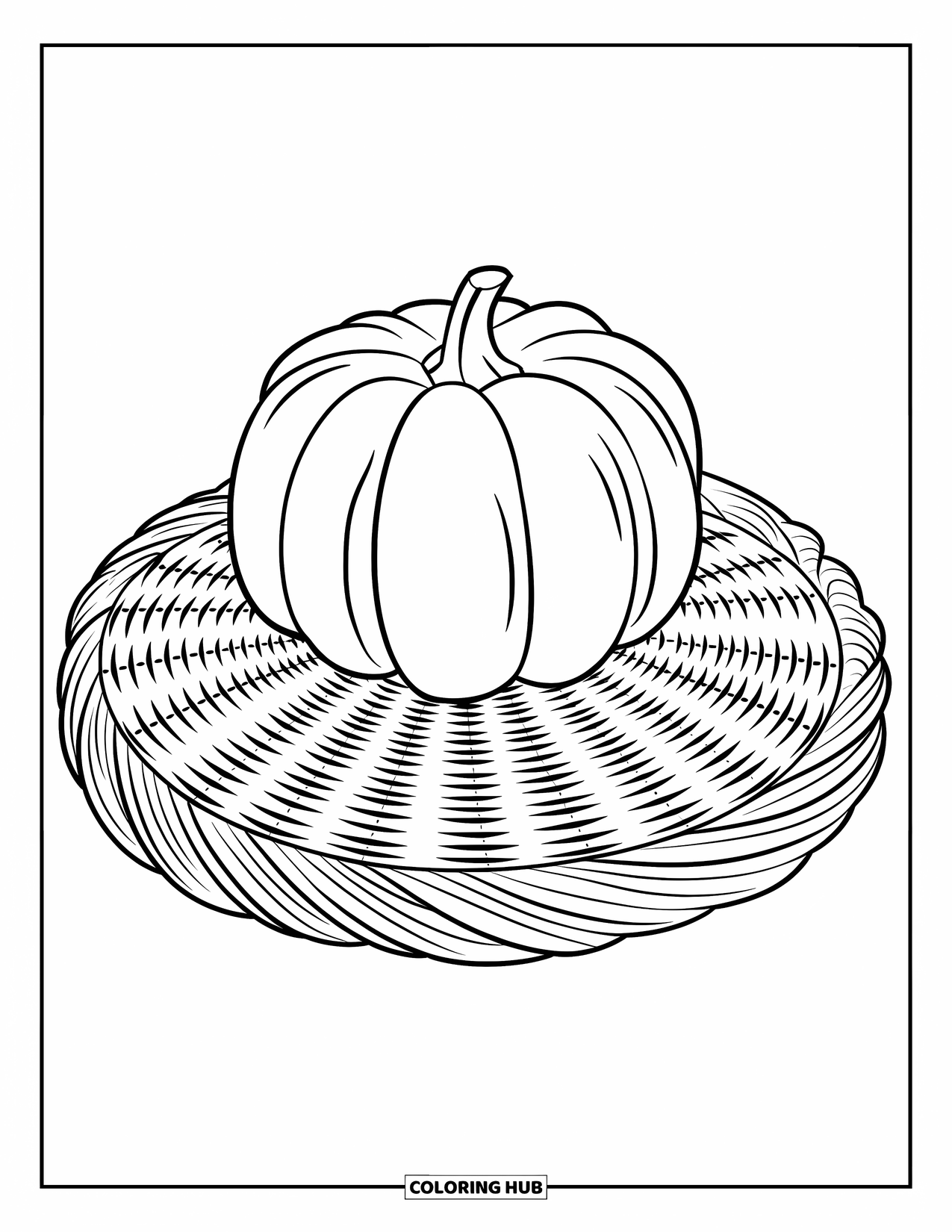 Coloriage de citrouille pour adultes : Une citrouille est posée sur un panier tressé, présentant un motif de vannerie complexe