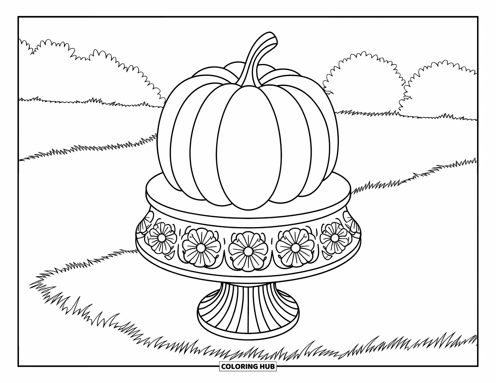 Coloriage de citrouille pour adultes : Une citrouille est assise sur un piédestal orné de sculptures florales dans un champ herbeux avec des arbres