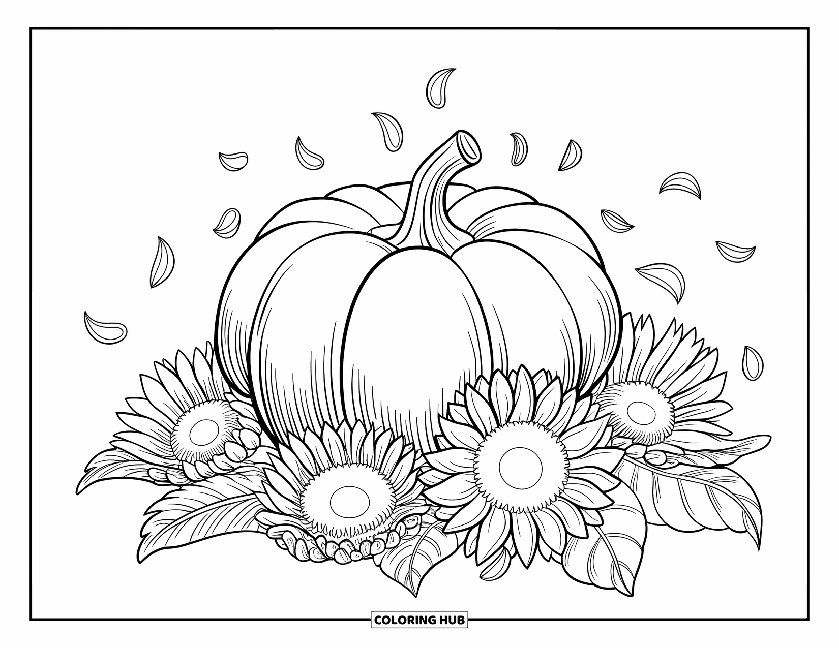 Coloriage de citrouille pour adultes : Une citrouille entourée de tournesols complexes avec des pétales tombants
