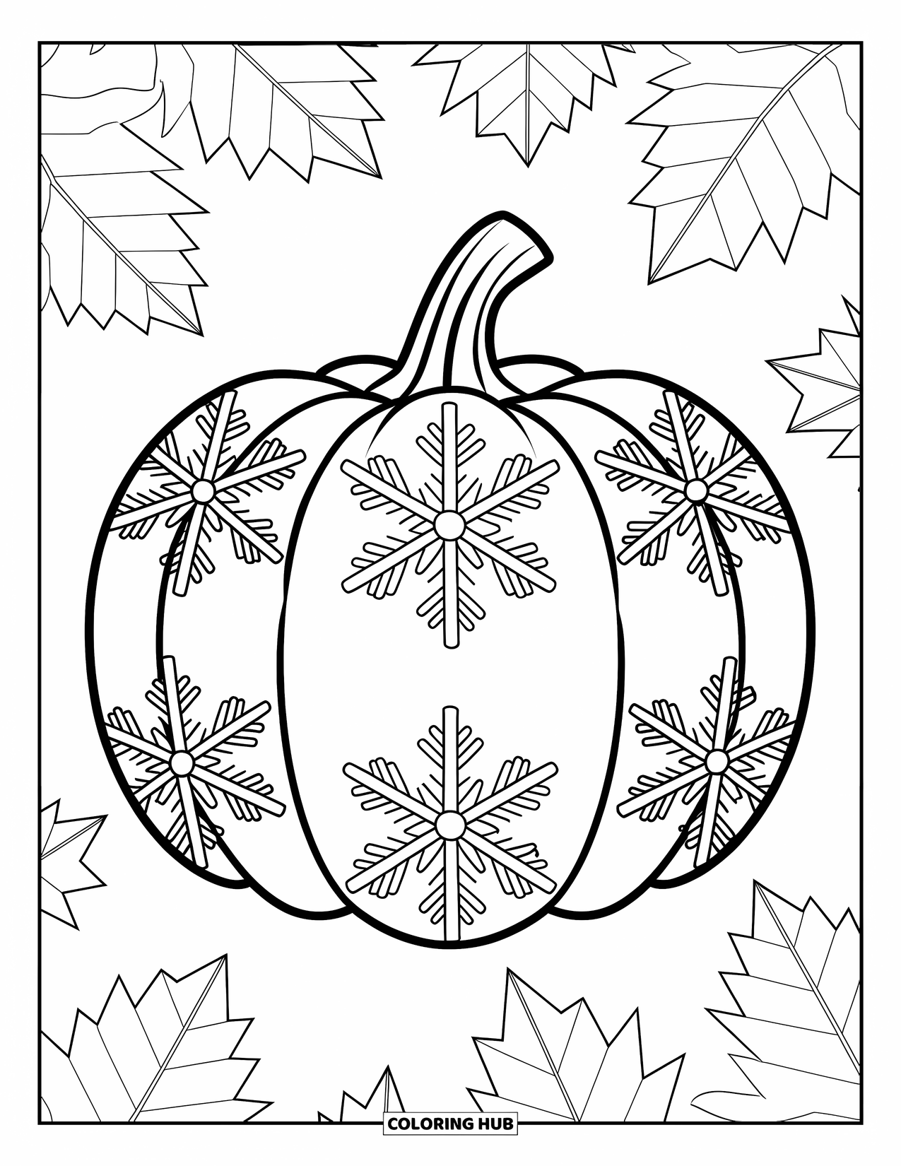 Coloriage de citrouille pour adultes : Une citrouille avec un motif de flocon de neige repose à côté de feuilles tombées, encadrée par des détails complexes