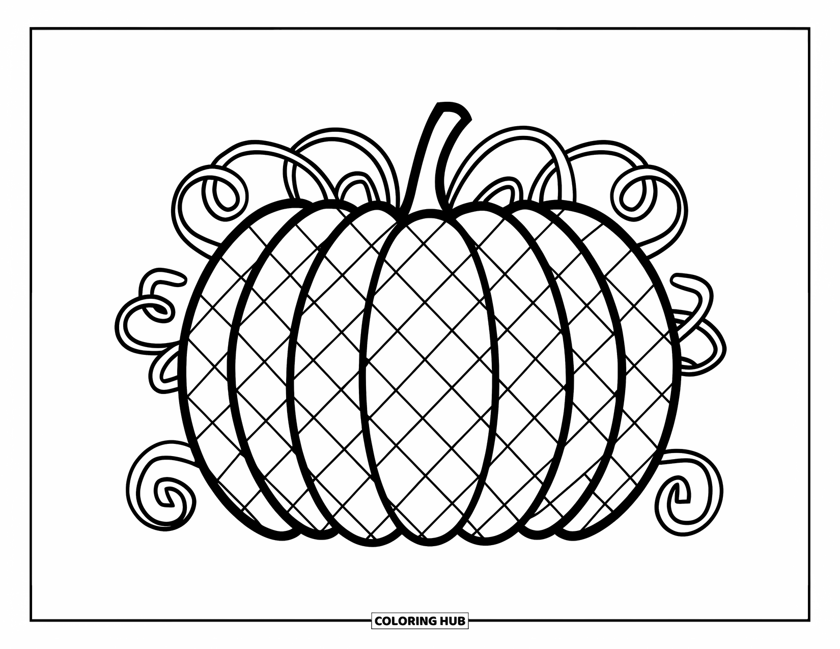 Coloriage de citrouille pour adultes : Une citrouille avec des motifs de losanges imbriqués est encadrée par des vignes bouclées, sans ombrage ni textures