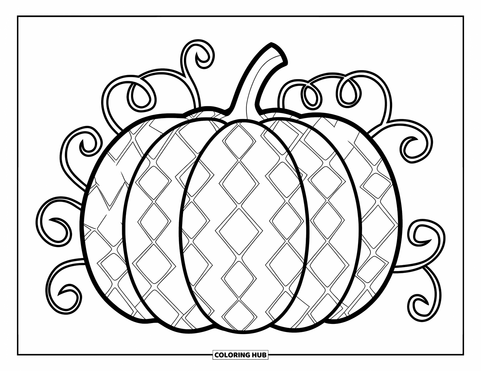 Coloriage de citrouille pour adultes : Une citrouille avec des motifs de losanges imbriqués est encadrée par des vignes bouclées