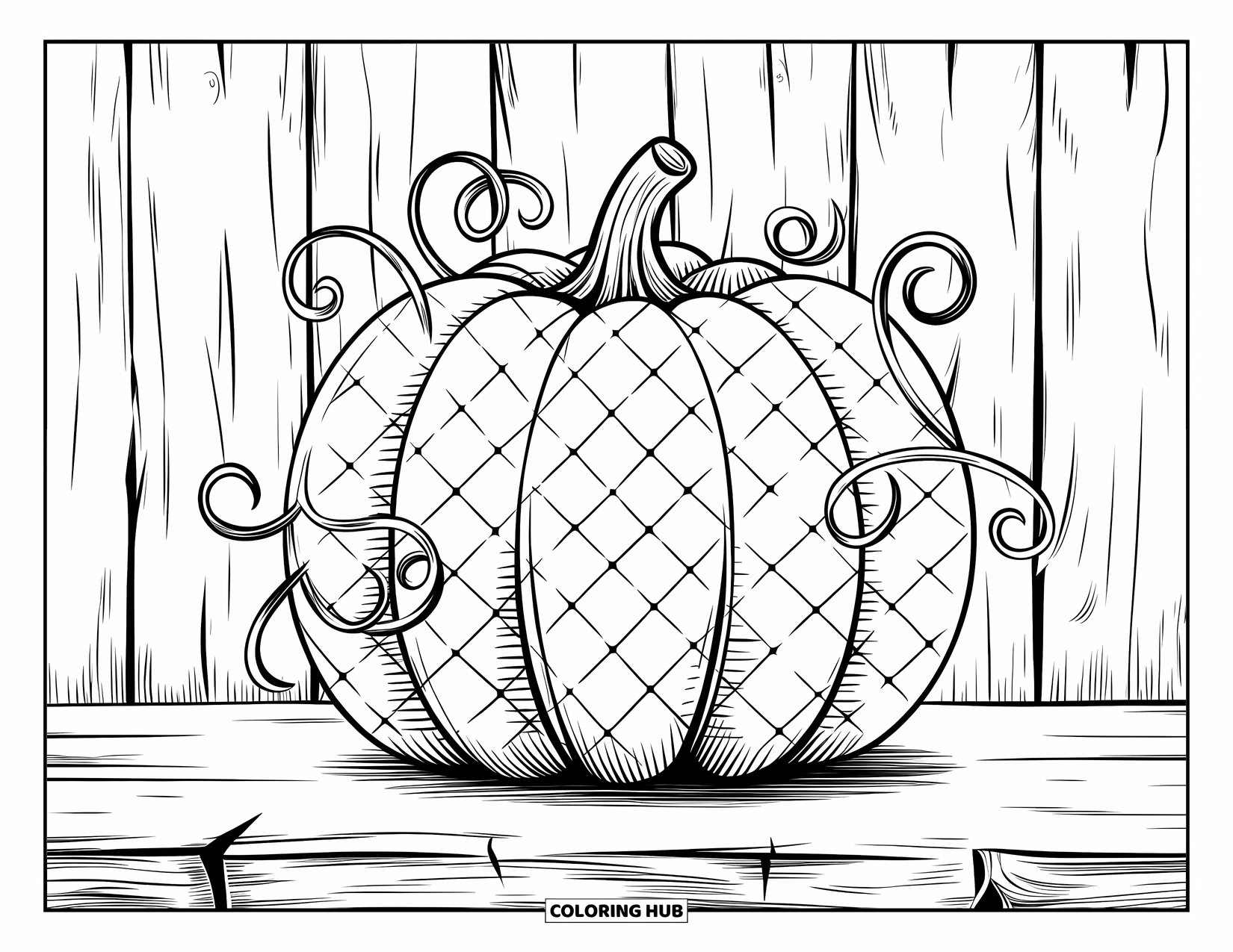 Coloriage de citrouille pour adultes : Une citrouille avec des motifs de losanges imbriqués est posée sur une surface en bois contre un mur rustique