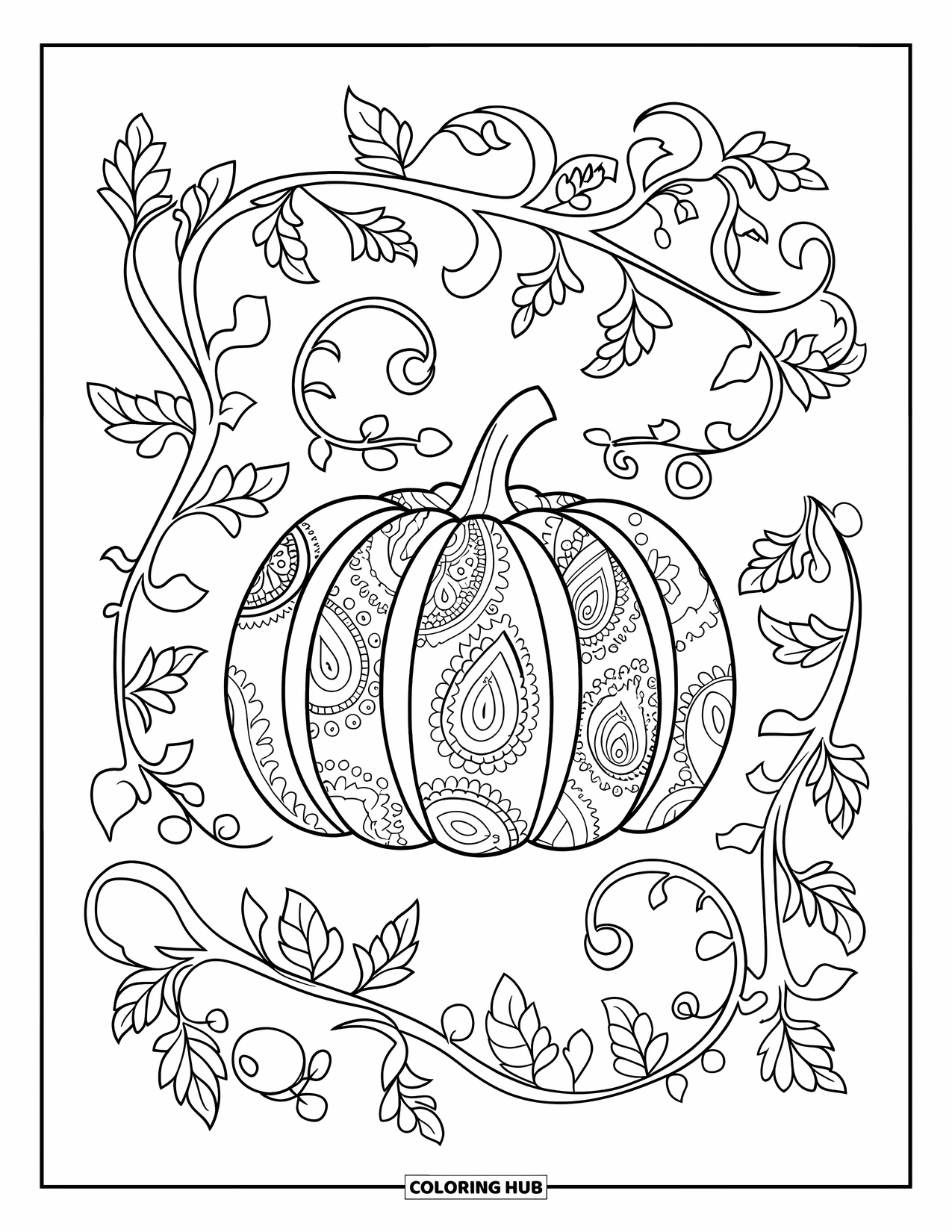 Coloriage de citrouille pour adultes : Une citrouille avec des motifs cachemire est entourée de vignes, de feuilles et de petits fruits ronds