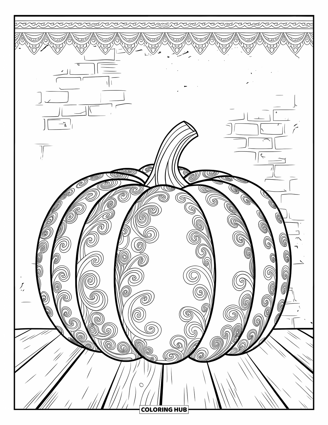 Coloriage de citrouille pour adultes : Une citrouille avec des motifs de filigrane tourbillonnants est posée sur une surface en bois contre un mur de briques rustique