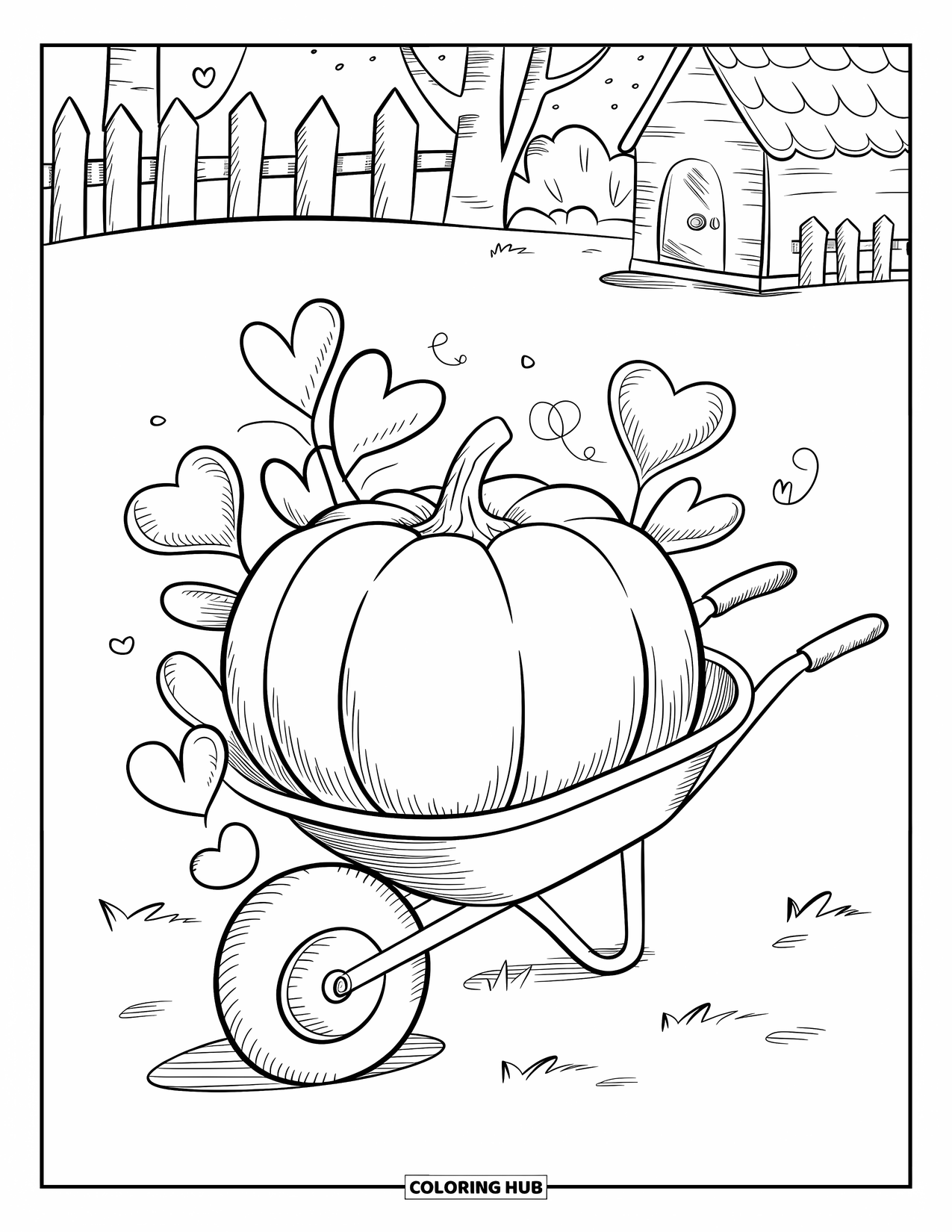 Coloriage de citrouille pour adultes : Citrouille potelée dans une minuscule brouette avec des feuilles en forme de cœur et une écharpe confortable