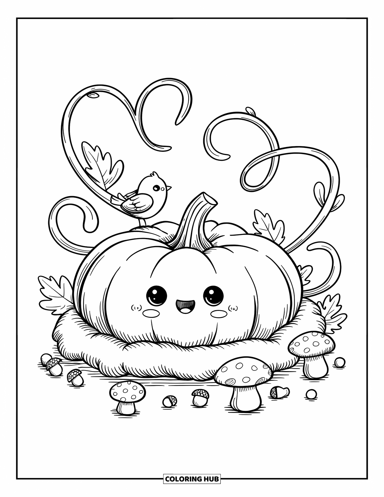Coloriage de citrouille pour adultes : Citrouille potelée sur des feuilles douces avec des champignons, des glands et des vignes bouclées en forme de cœur