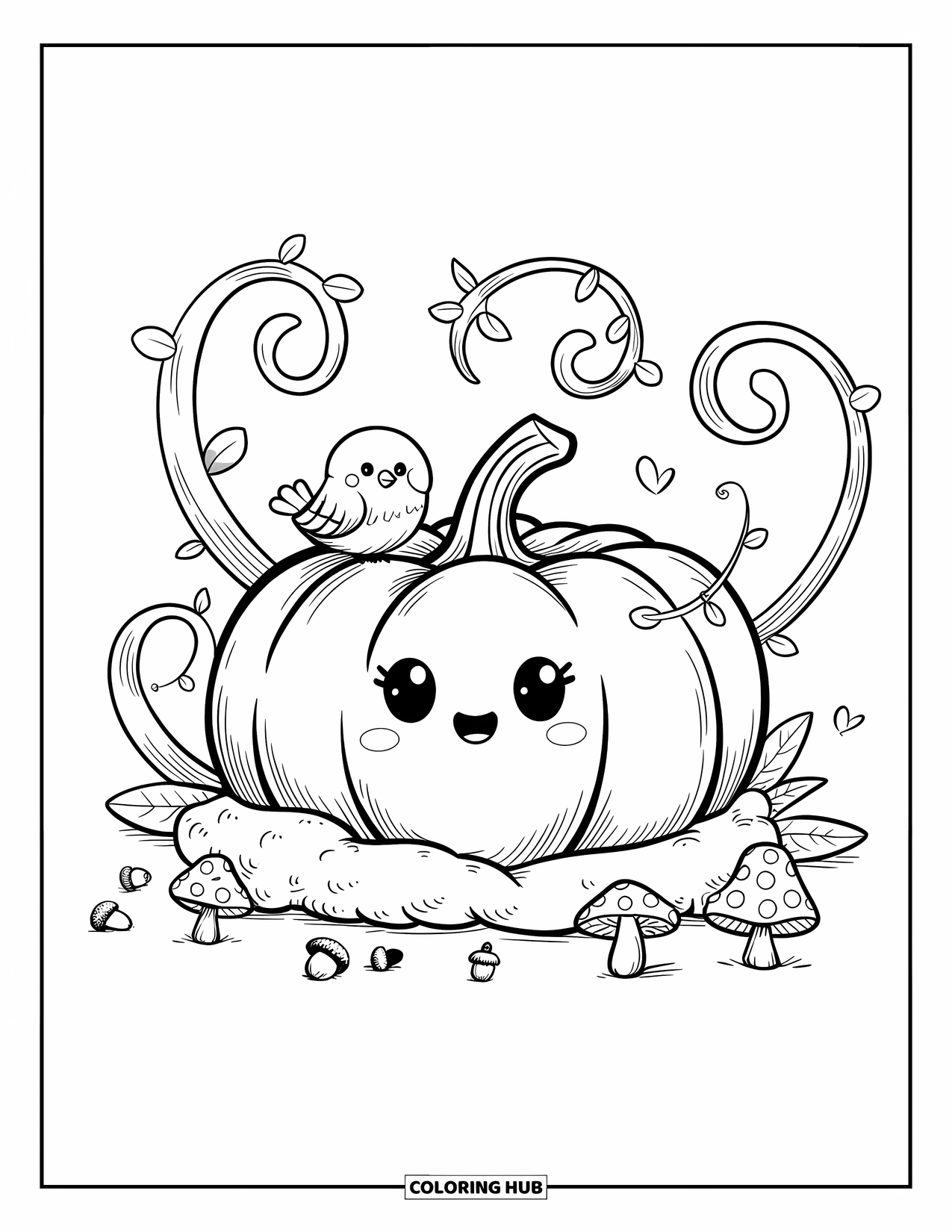 Coloriage de citrouille pour adultes : Citrouille potelée reposant sur des feuilles moelleuses avec des champignons, des glands et un oiseau sur sa tige