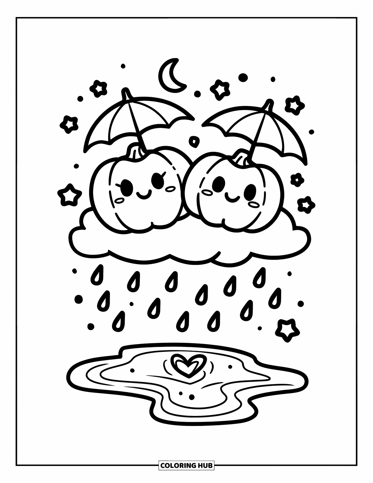 Coloriage de citrouille pour adultes : Citrouilles flottantes avec de minuscules parapluies, des gouttes de pluie de cœur, des étoiles et des croissants de lune