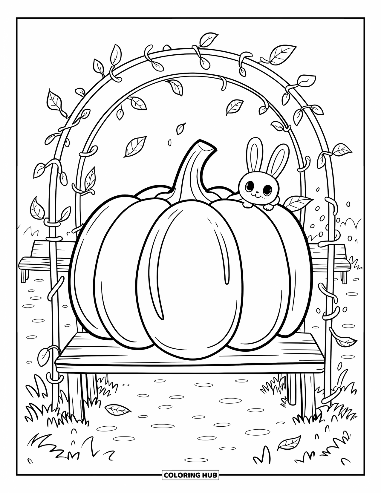 Coloriage de citrouille pour adultes : Citrouille géante sur un banc sous des vignes de cœur avec un lapin qui jette un coup d’œil et des feuilles tombantes