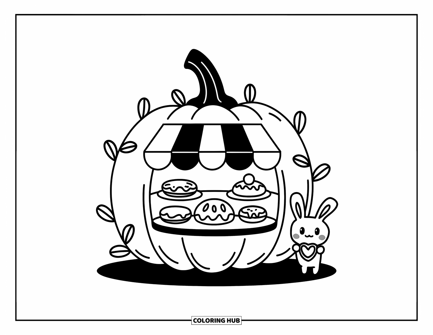 Coloriage de citrouille pour adultes : Stand de boulangerie de citrouilles avec un auvent rayé, de minuscules pâtisseries et un lapin tenant un biscuit
