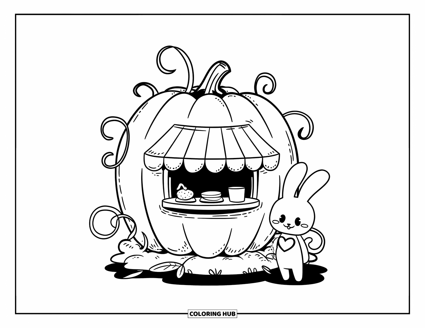 Coloriage de citrouille pour adultes : Stand de boulangerie de citrouilles avec un auvent rayé, de minuscules pâtisseries et un lapin tenant un biscuit