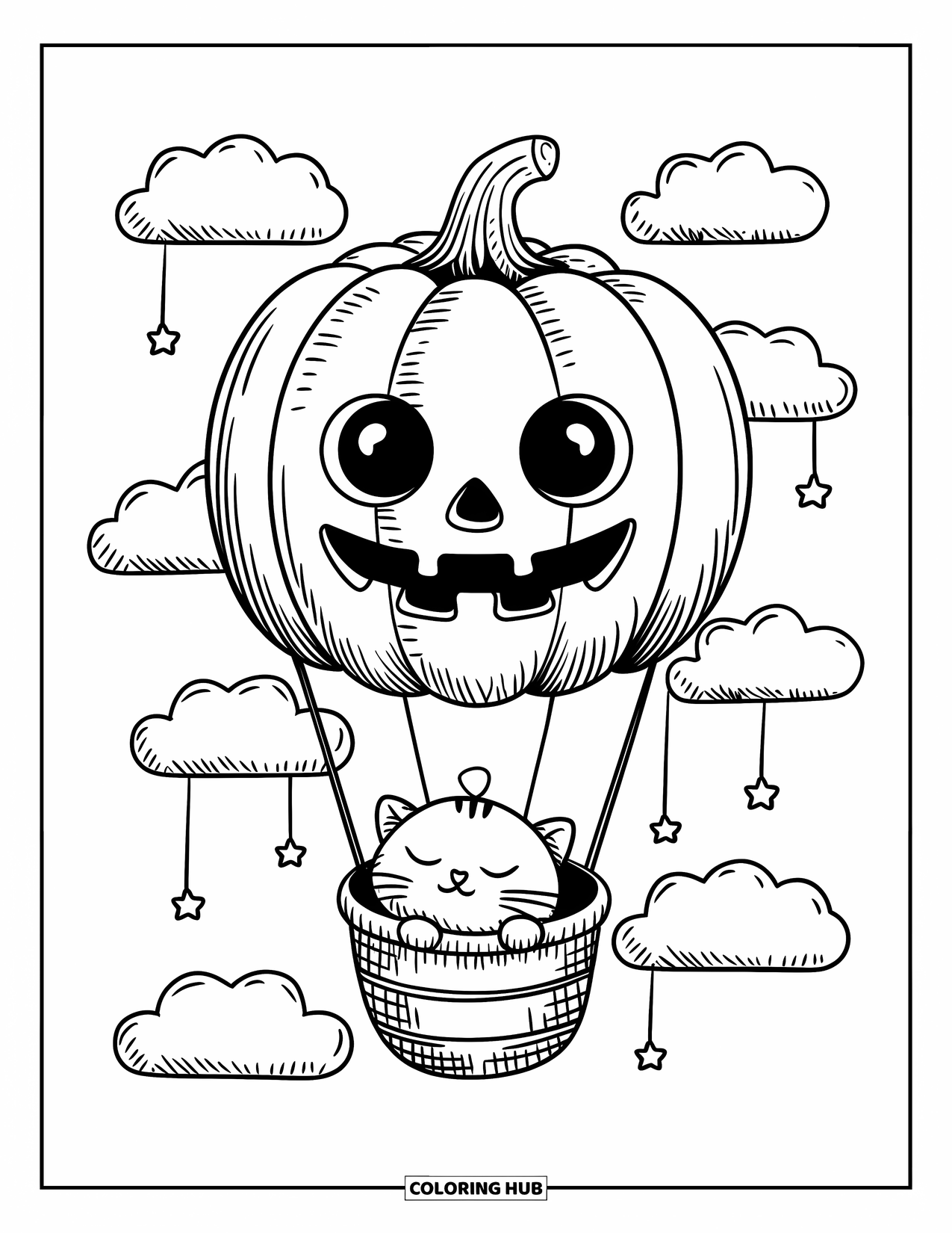 Coloriage de citrouille pour adultes : Ballon citrouille flottant avec un chaton endormi dans le panier et des nuages en forme de cœur autour