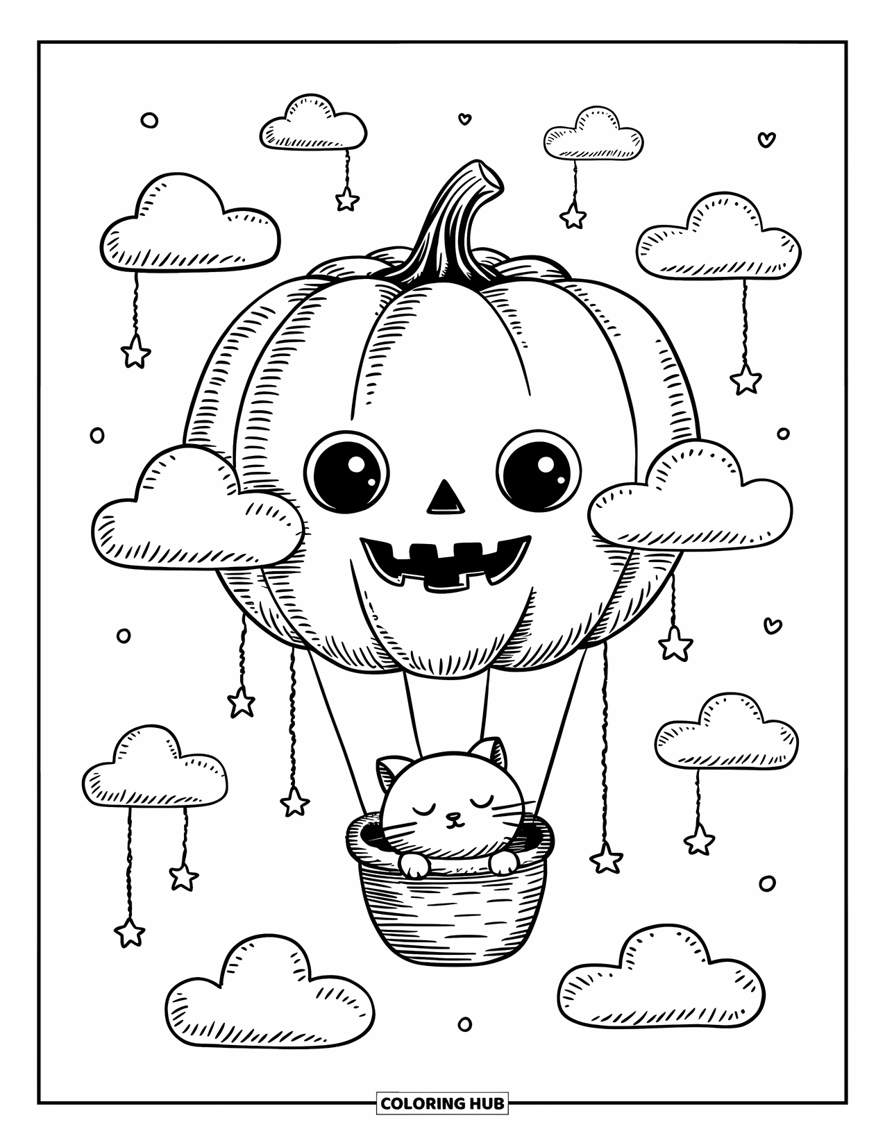 Coloriage de citrouille pour adultes : Montgolfière citrouille flottant avec un chaton endormi, des nuages de cœur et des étoiles pendantes