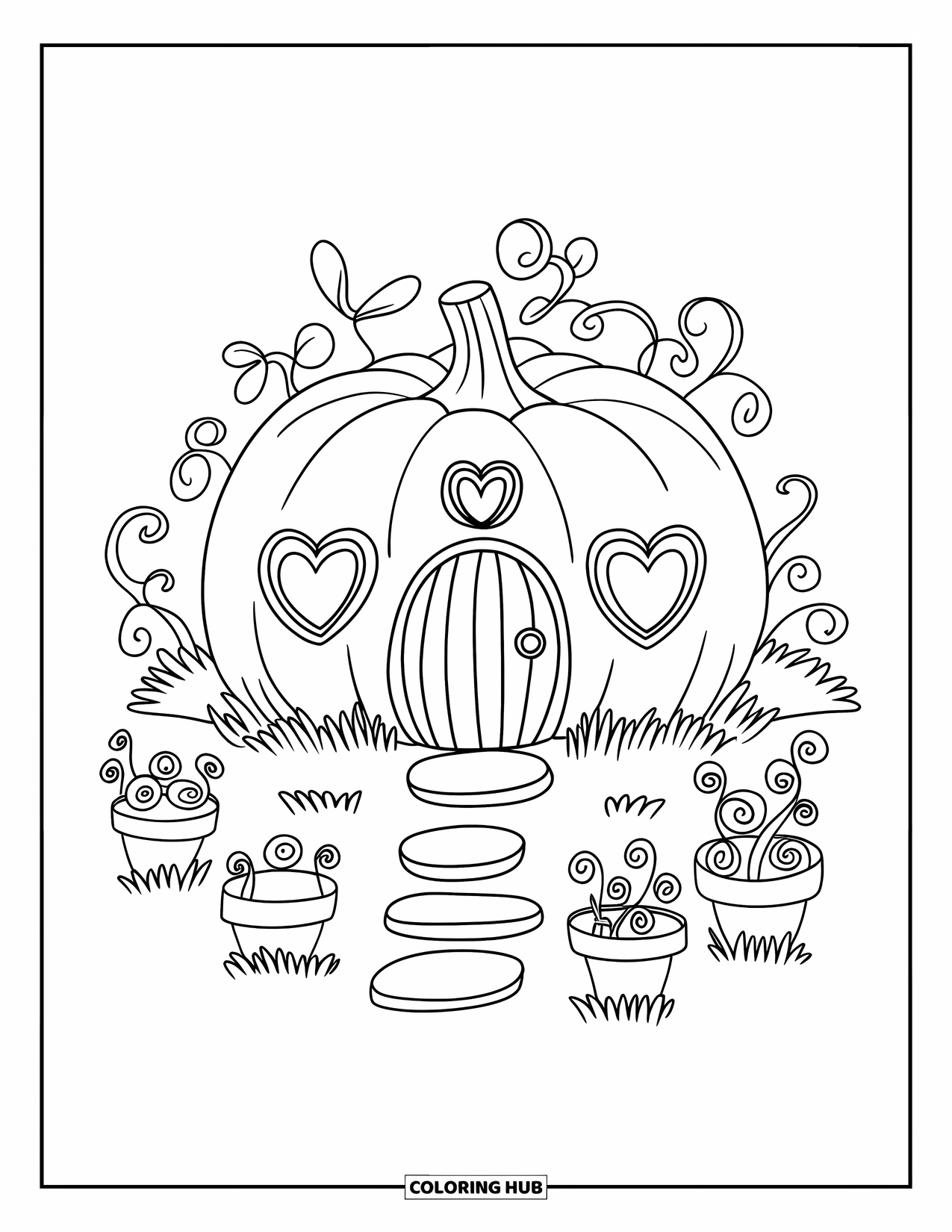 Coloriage de citrouille pour adultes : Maison citrouille avec des fenêtres de cœur, une porte arrondie, de minuscules plantes et des tremplins
