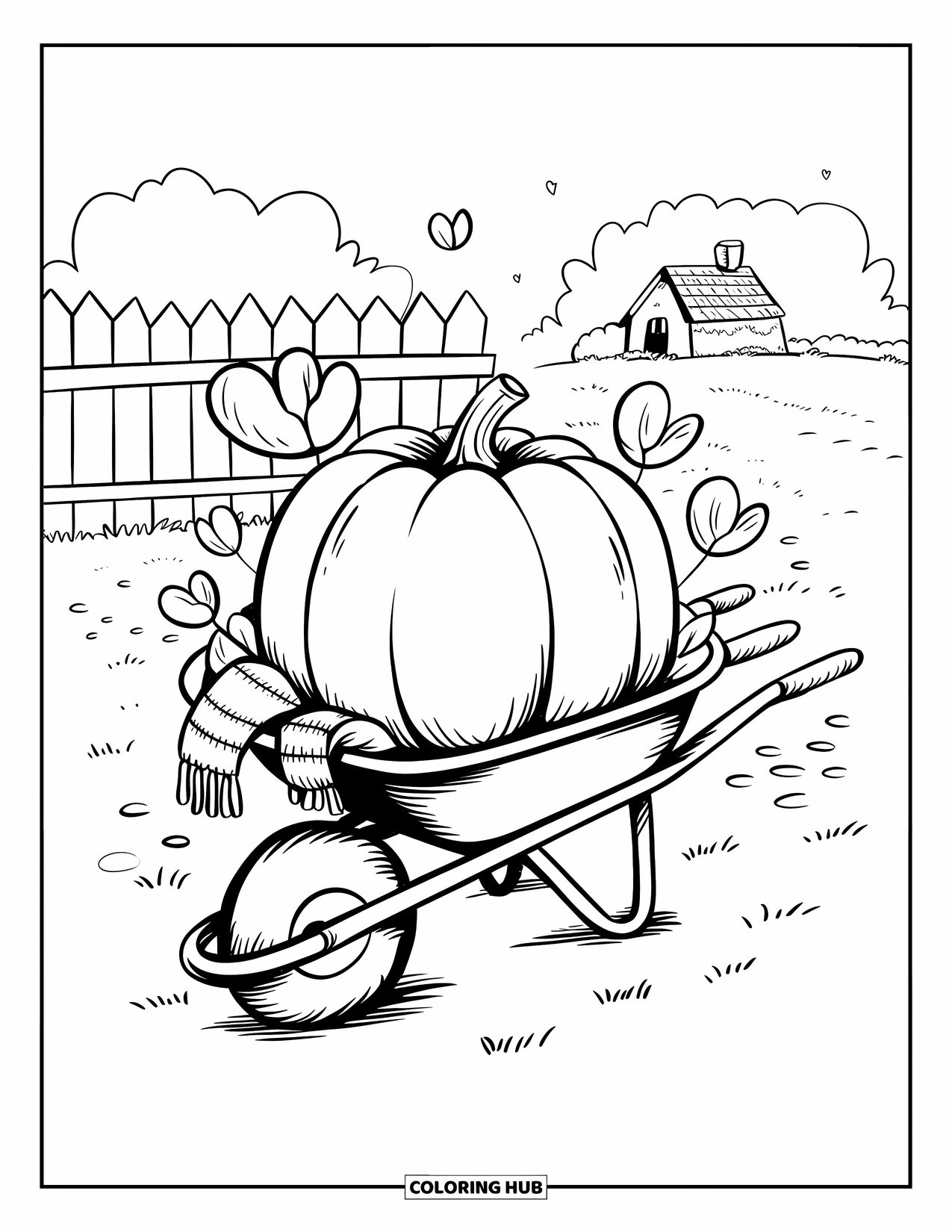 Coloriage de citrouille pour adultes : Citrouille dans une petite brouette avec des feuilles en forme de cœur et une écharpe, dans une scène chaleureuse