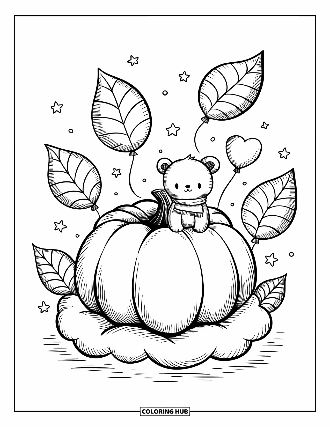 Coloriage de citrouille pour adultes : Citrouille sur un nuage avec des ballons de feuilles, un petit ours et des étoiles filantes