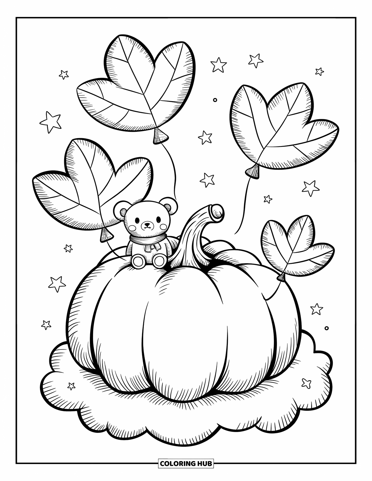 Coloriage de citrouille pour adultes : Citrouille sur un nuage avec des ballons de feuilles, un petit ours et des étoiles filantes
